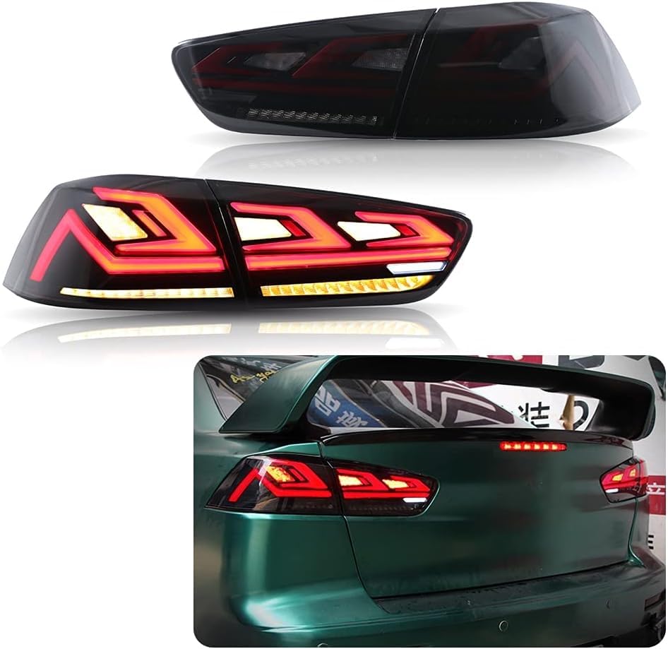 Ingenuity Time LED Tail Lights for Mitsubishi Lancer & Lancer EVO 2008-2017 - Smoke Lens with Startup Animation, DRL, Brake & Sequential Turn Signals - Rear Lamp Assembly - Perfect for Night Driving & Car Customization