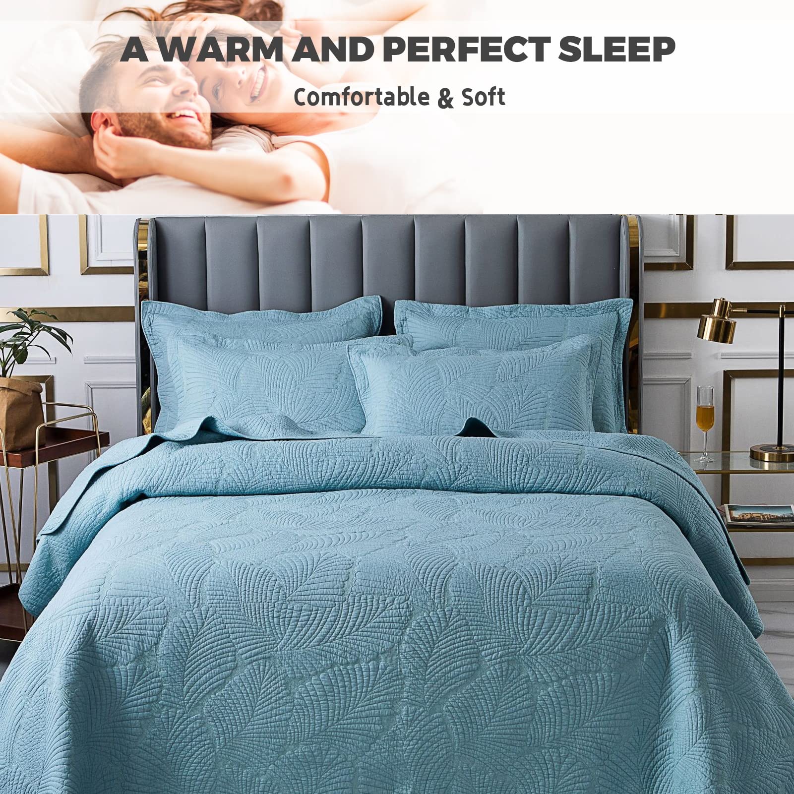 Blue Queen & King Size Reversible 3-Piece Quilt Set with Pillow Shams | Ultrasonic Quilting Technology | Soft, Wrinkle & Pilling Resistant Bedspread Coverlet | Pink & Blue Options | Perfect for Master Bedroom, Guest Room & Cozy Home Decor