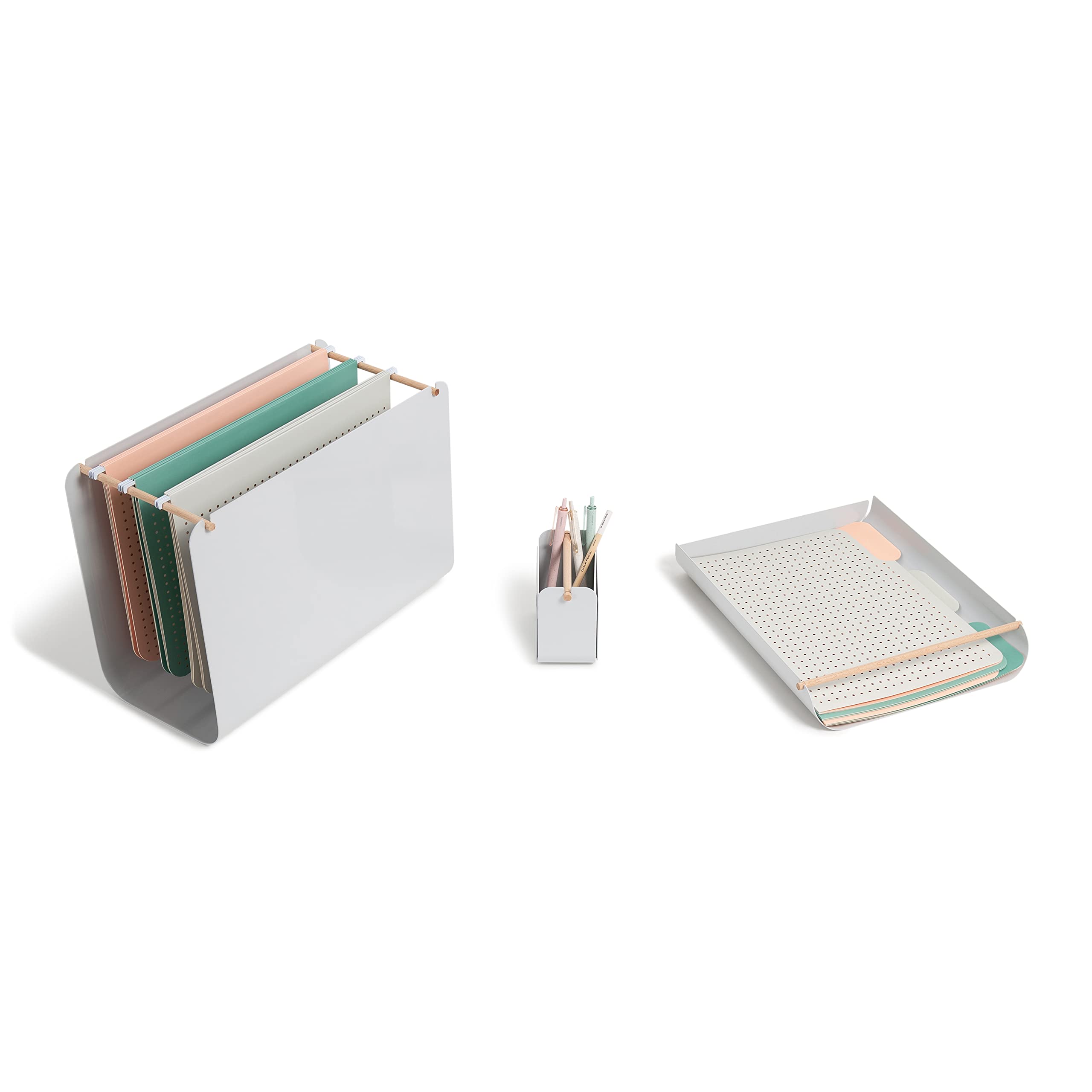 U Brands Arc Desk Filing Kit - 3-Piece Office Organizer Set with Paper Tray, File Box & Pencil Cup in Gray | Perfect for Home Office, Workspace & School Organization