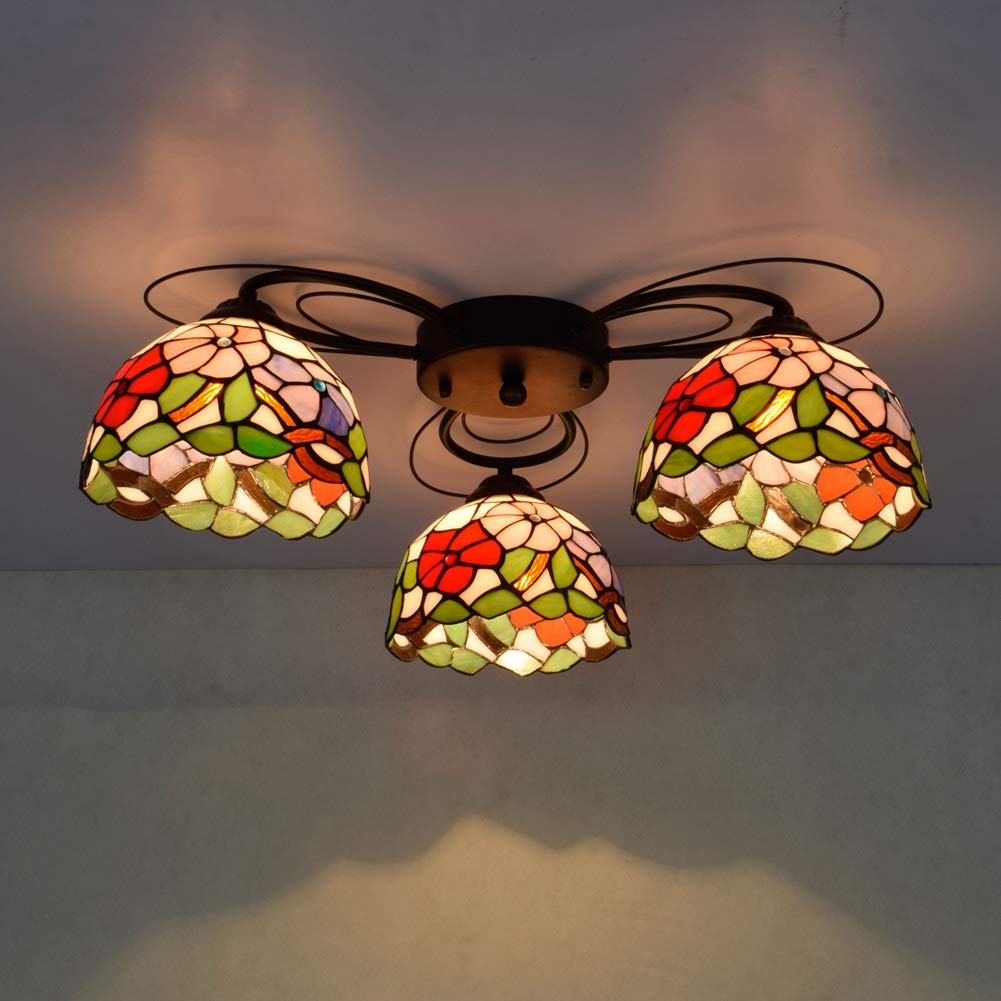 Tiffany Style 3-Head Stained Glass Ceiling Lamp with Morning Glory Pattern - Perfect for Dining Room, Living Room & Bedroom Lighting