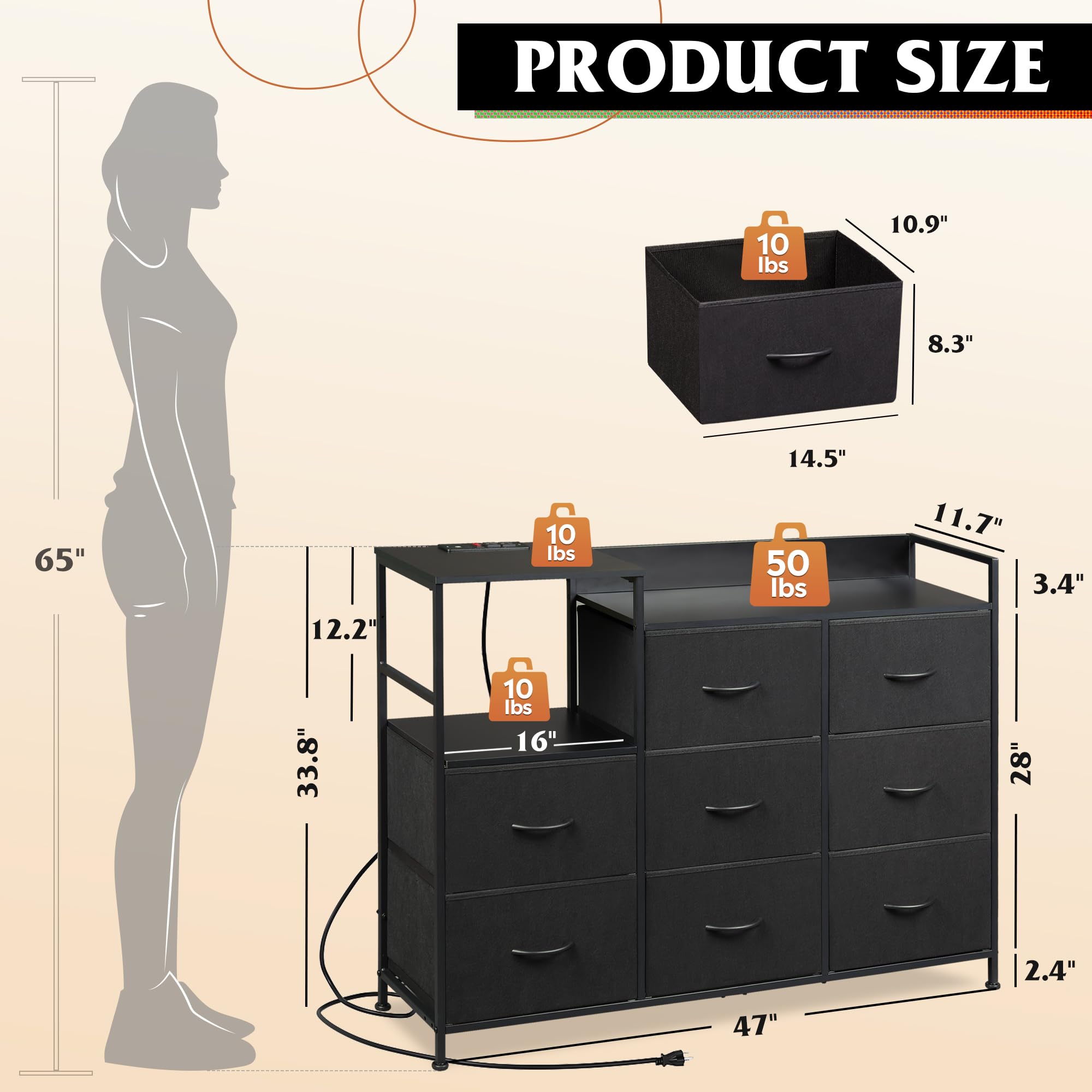 WLIVE Black Dresser TV Stand with 8 Drawers, Wood Top & Charging Station - Fabric Storage Chest with Open Shelves for Bedroom, Living Room & Hallway - Perfect for Organizing Clothes, Electronics & Home Decor