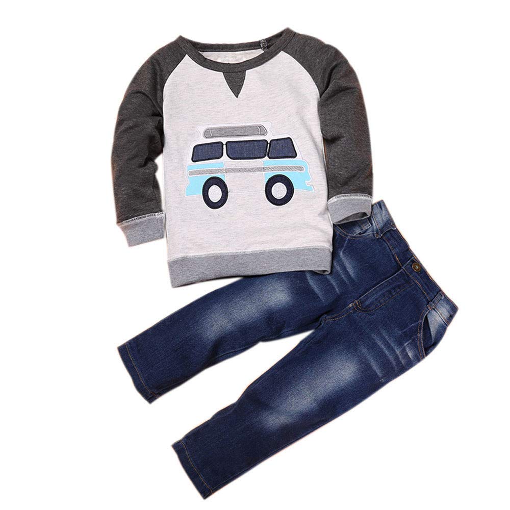 **Boys' Long Sleeve Graphic T-Shirt & Jeans Outfit Set - Toddler Car Print Casual Clothes for Baby Boys | Perfect for Playdates, Travel & Everyday Wear**