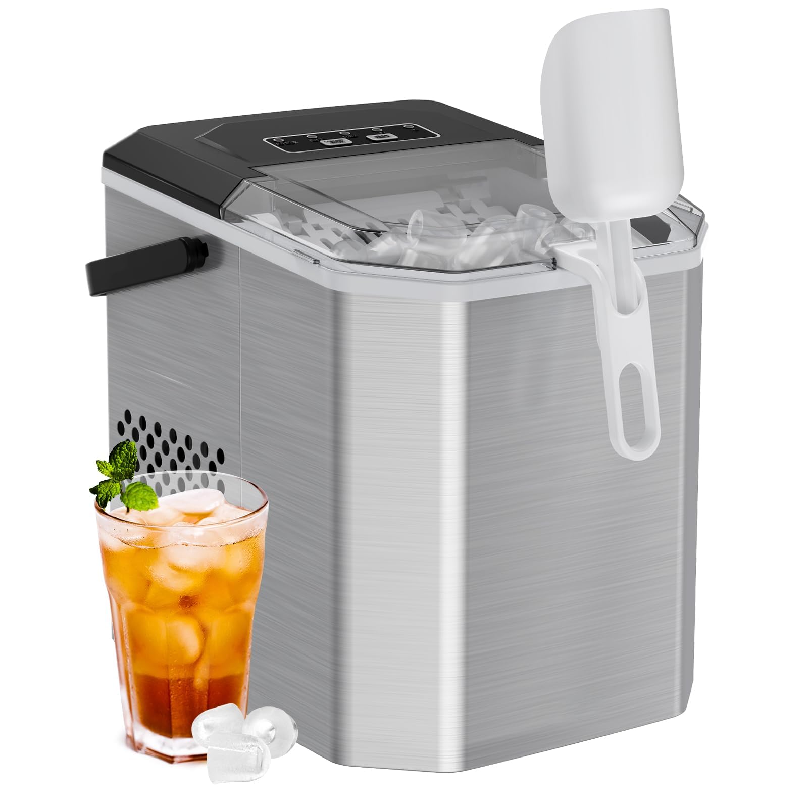 Silonn Countertop Ice Maker - 26 lbs/Day, 9 Cubes in 6 Mins, Self-Cleaning Portable Ice Machine with Basket & Scoop - Perfect for Home, Office, RV, and Outdoor Parties (Stainless Steel)