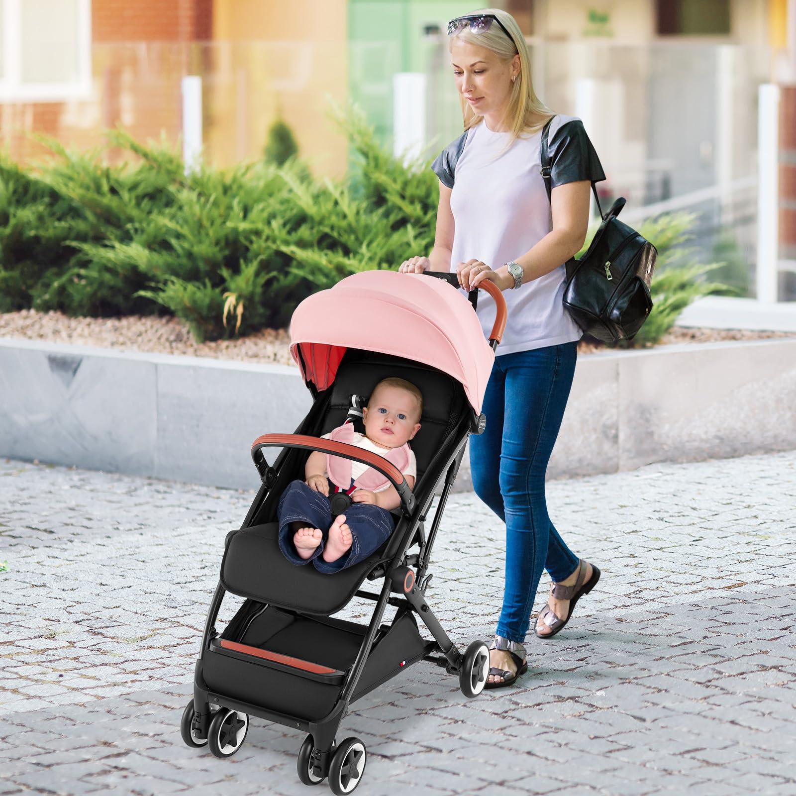 HONEY JOY Lightweight Compact Baby Stroller - One-Hand Fold Travel Stroller for Airplane, Fits Cabin & Overhead Bins, Self-Standing Toddler Stroller with Adjustable Backrest & Canopy (Pink) | Perfect for Air Travel, Shopping, and Daily Walks