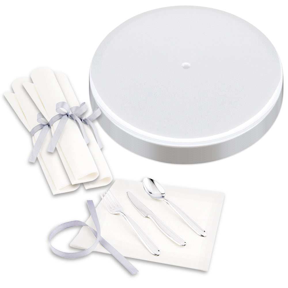 100-Pack Elegant White 9-Inch Plastic Plates & 100-Piece Modern Silver Plastic Cutlery Set - Perfect for Parties, Picnics, and Catering Events