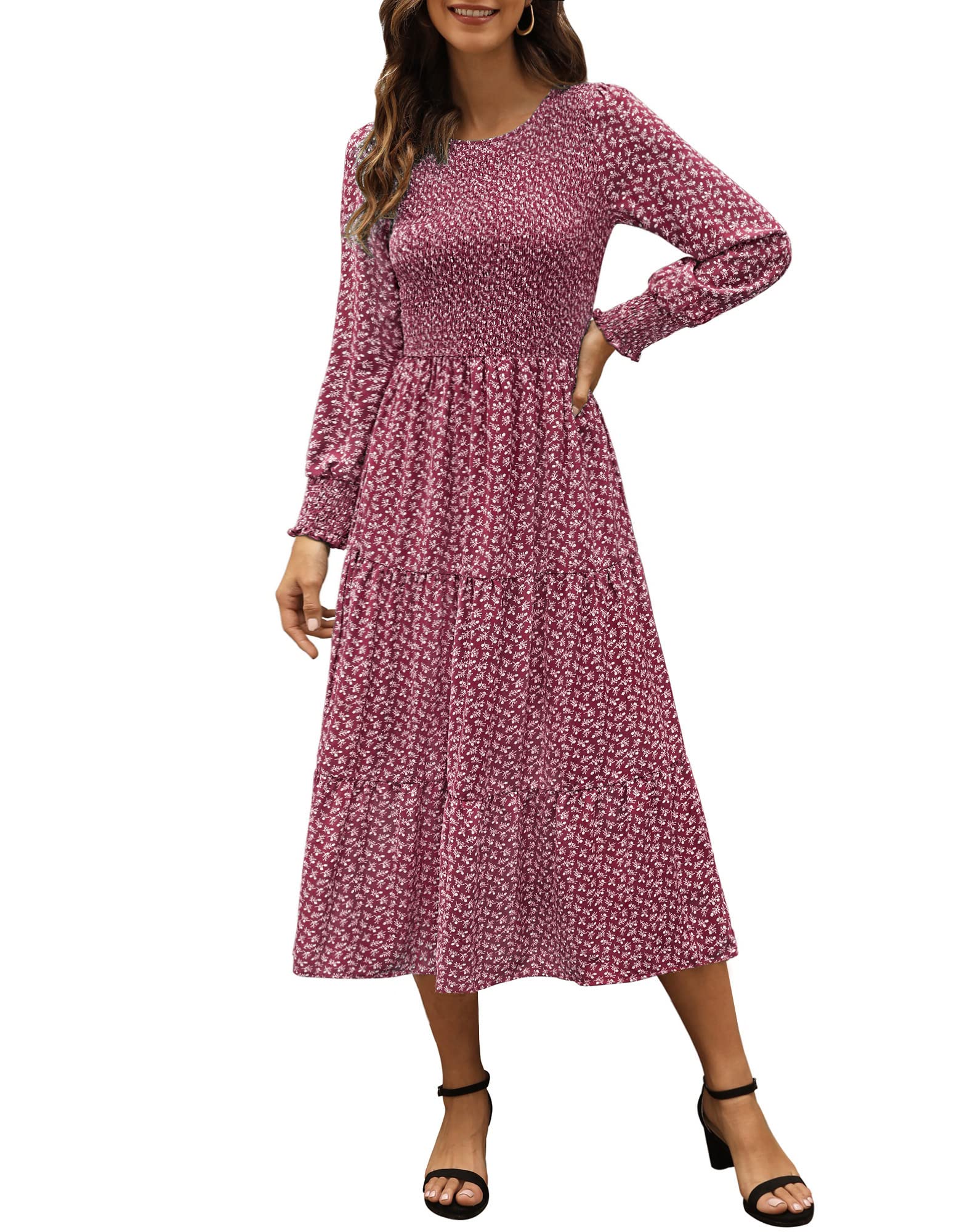 Zattcas Women's 2025 Fall Casual Long Sleeve Boho Floral Midi Dress with Pockets - Smocked Waist Tiered Wedding Guest Dress for Autumn Parties, Date Nights & Special Occasions