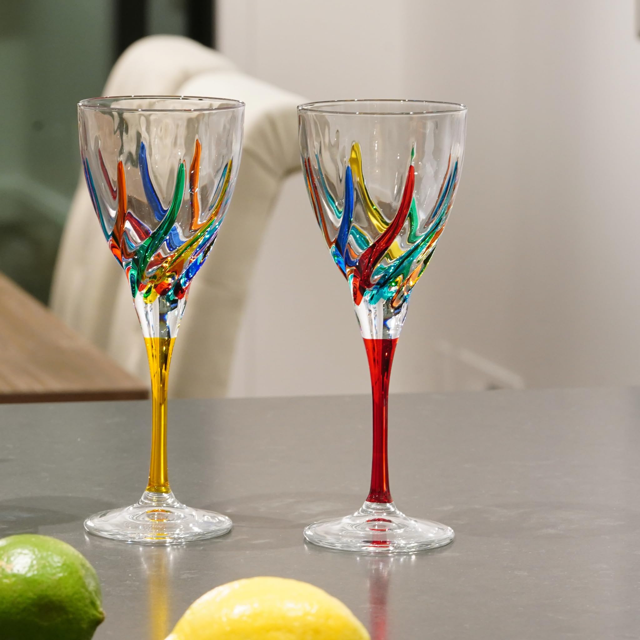 Premium Italian Hand Blown Wine Glasses - Trix Collection Set of 2 (8 oz) - Elegant Stemware for Red & White Wine - Murano Style Glassware Made in Italy - Perfect for Dinner Parties, Wine Tasting & Romantic Evenings