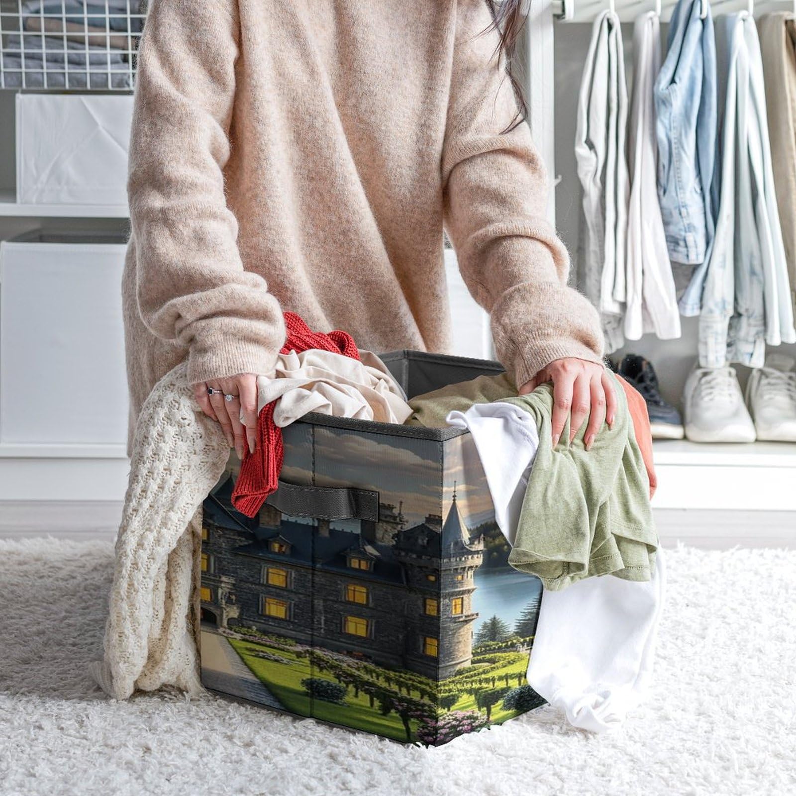 Collapsible Storage Cubes 10.6x10.6 Inches - Foldable Fabric Bins with Handles for Home Organization, Closet, Nursery & Office | Printed Decorative Storage Baskets (Set of 6) - Space Saving Tower Design for Toys, Books & Laundry