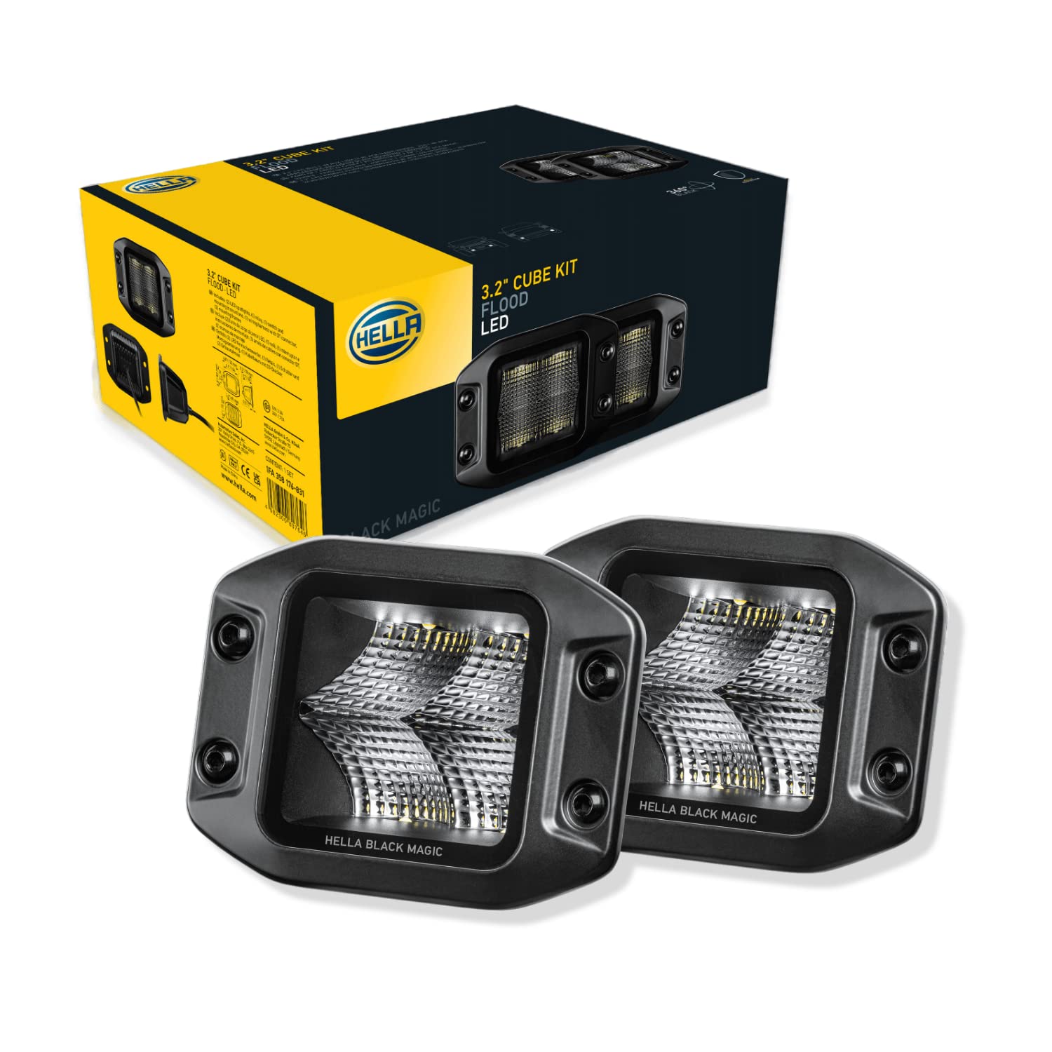 HELLA Black Magic LED 3.2 Inch Cube Flush Mount Kit - High Performance Off-Road LED Flood Light with Wiring Harness - for Pickup Trucks, ATV, SUV, 4x4, Jeep, Tractors (358176831) - Perfect for Off-Roading, Camping & Night Driving Adventures