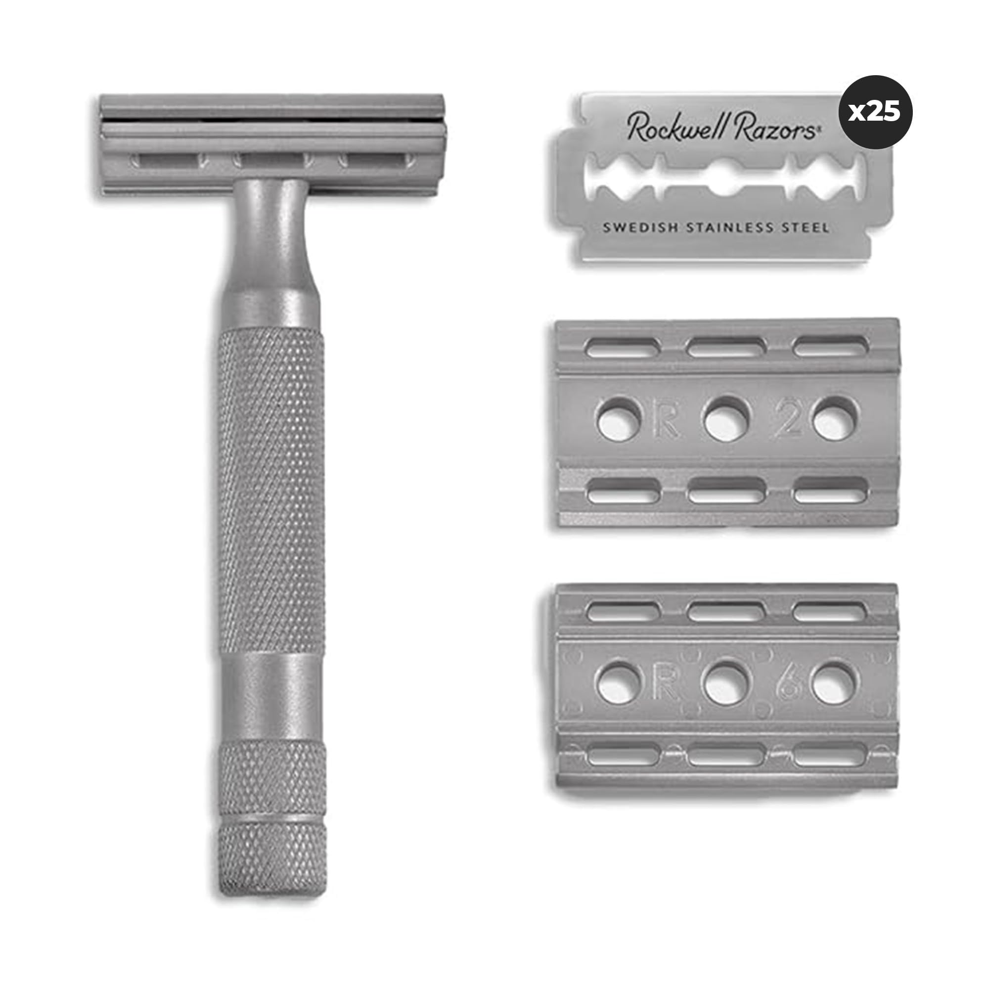 Rockwell 6S Stainless Steel Safety Razor for Men & Women - 6 Adjustable Shaving Settings, Includes 25 Recyclable Blades - Perfect for Sensitive Skin & Close Shaves at Home or Travel