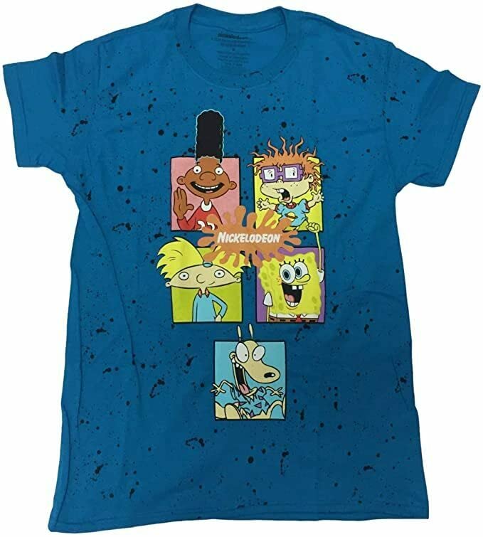 Nickelodeon Spongebob & Rugrats Blue Splatter Graphic Men's Short Sleeve T-Shirt - Casual Cartoon Tee for Fans, Gifts & Everyday Wear