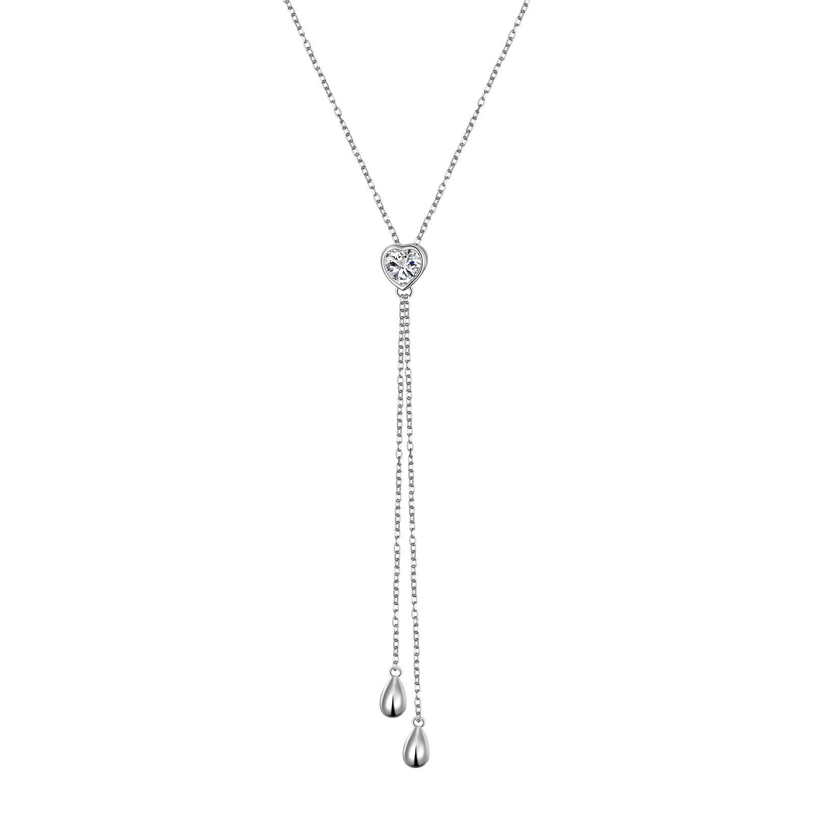 FLYOW Sterling Silver Long Chain Y Lariat Necklace with Teardrop Pendant - Elegant Statement Jewelry for Women, Perfect for Sweater Layering, Office Wear & Evening Outfits
