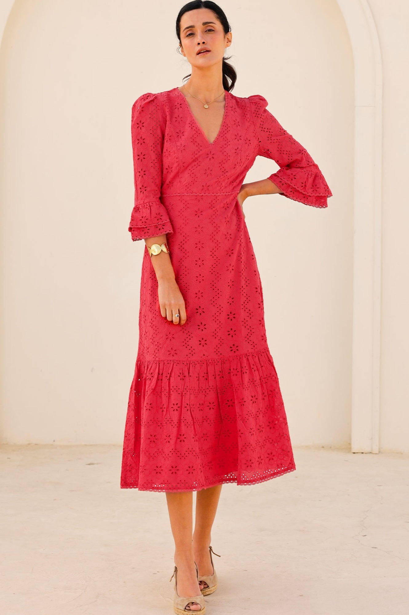 Victoria Broderie Floral Embroidered Maxi Dress - Red | Elegant Summer Beach Wedding Guest Dress for Women