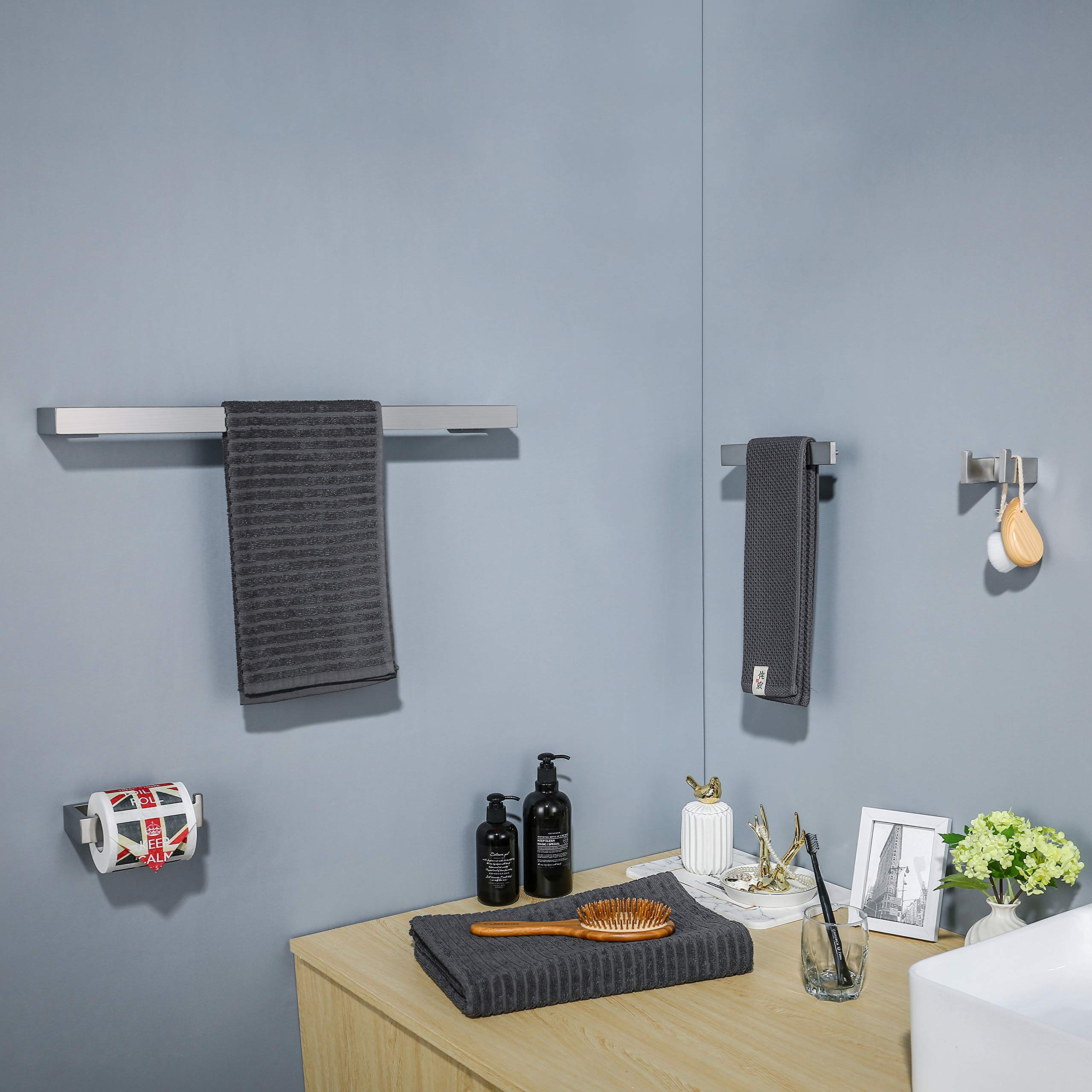 TNOMS 4-Piece Stainless Steel Bathroom Hardware Set - Towel Bar, Towel Holder, Robe Hook & Toilet Paper Holder | Modern Bathroom Accessories for Home & Hotel Use
