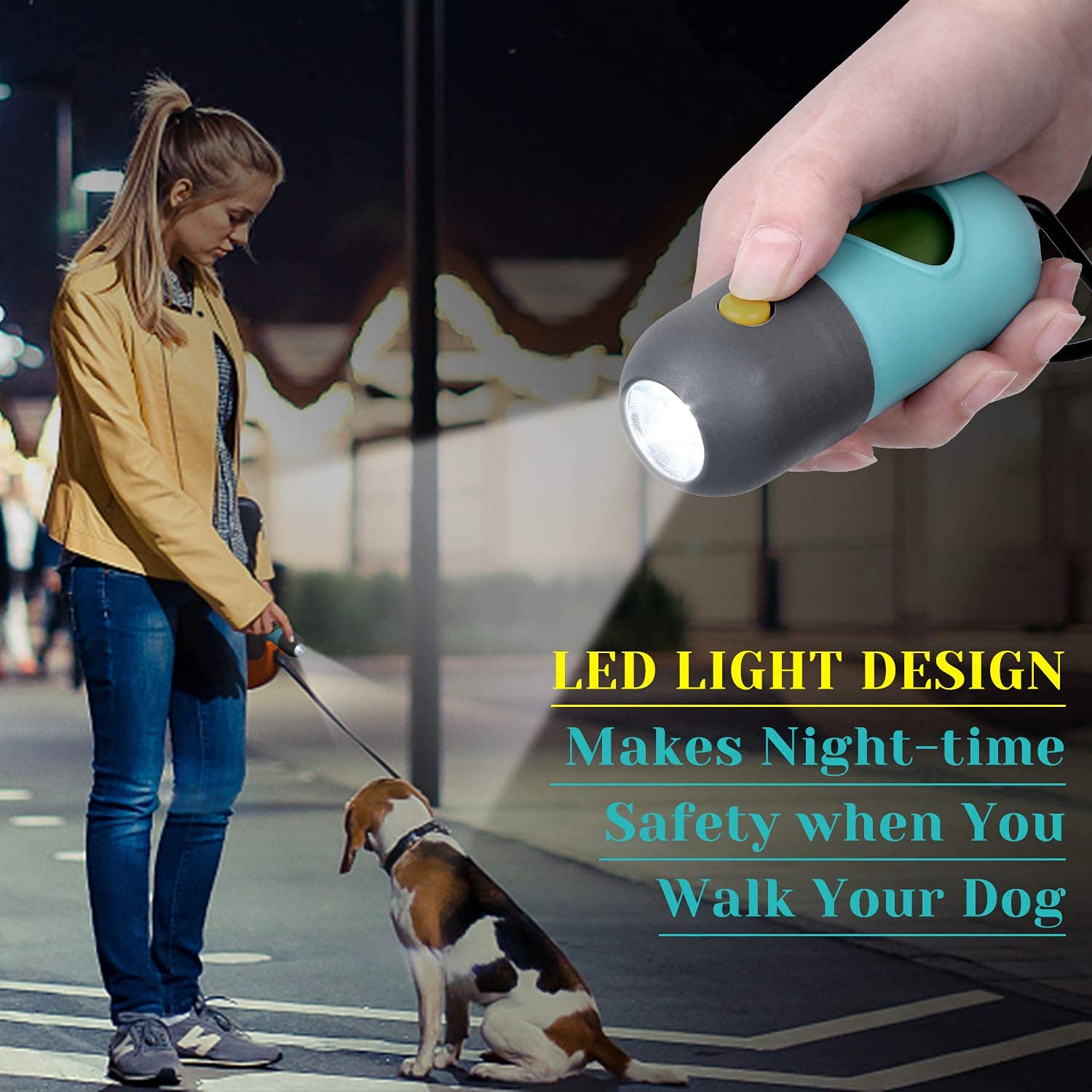 LED Dog Poop Bag Holder with Flashlight - 2 Pack Leash Attachment Waste Bag Dispenser with Carabiner Clip & 6 Rolls Included - Convenient for Night Walks, Park Visits, and Travel with Your Pet