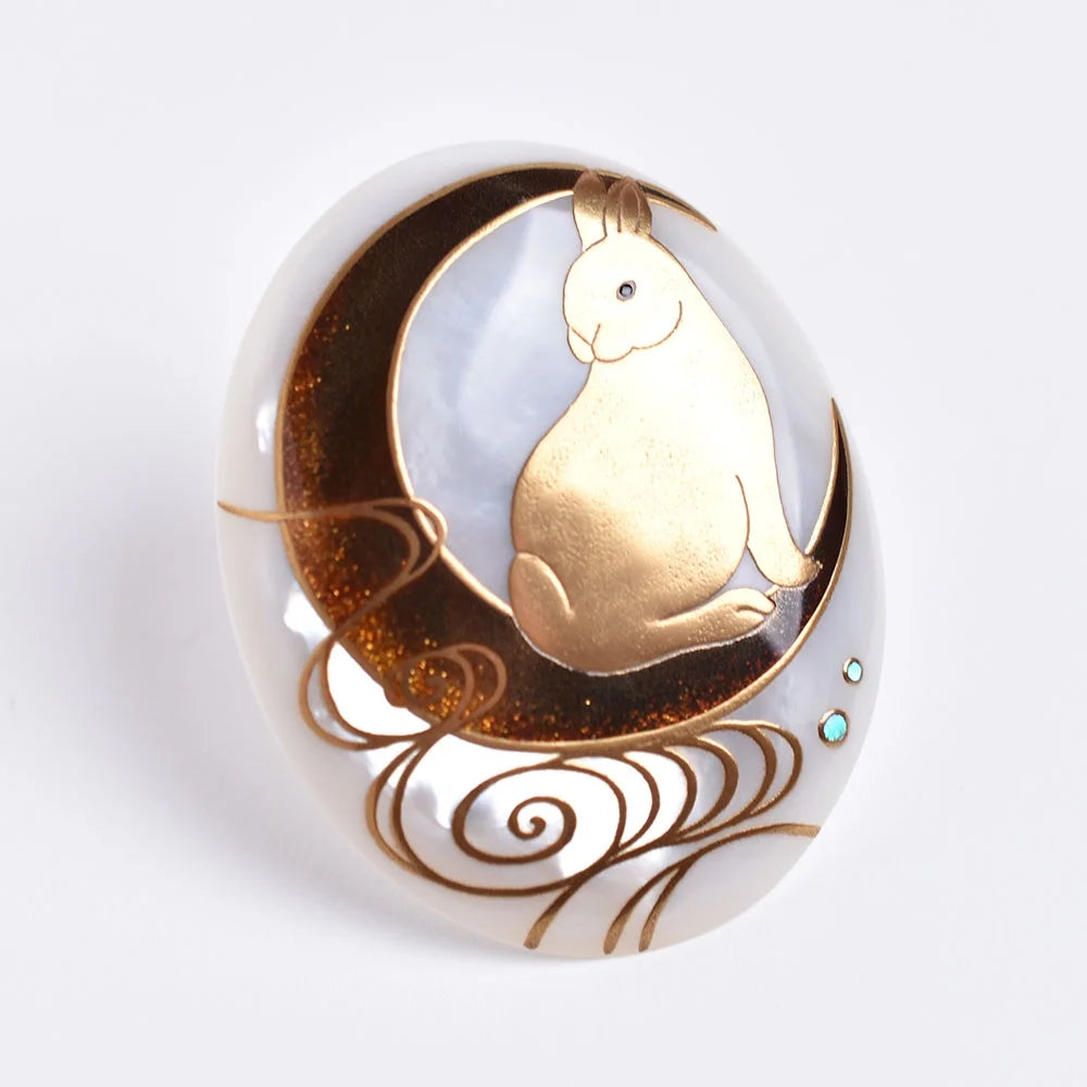 Handcrafted Maki-e Urushi Lacquer Brooch with White South Sea Pearl Shell - Rabbit Design Japanese Traditional Jewelry for Women, Gift for Pearl Lovers, Perfect for Weddings & Special Occasions