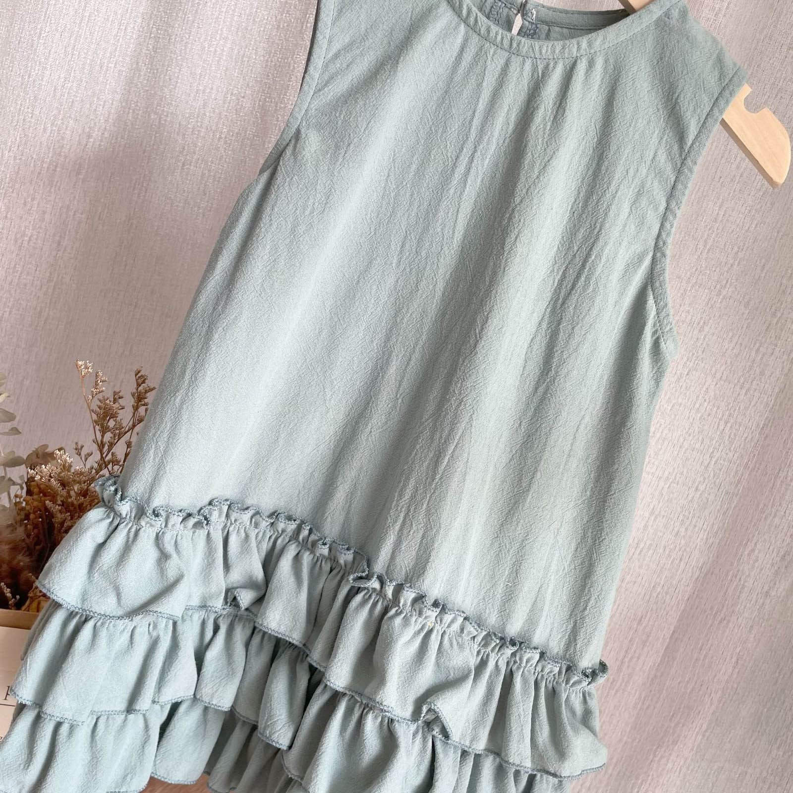 Girls Cotton Linen Lace Vest Dress - Sleeveless Princess Style Summer Outfit for Toddlers (Green, Size 4-5 Years) | Perfect for Birthday Parties, Photo Shoots & Special Occasions