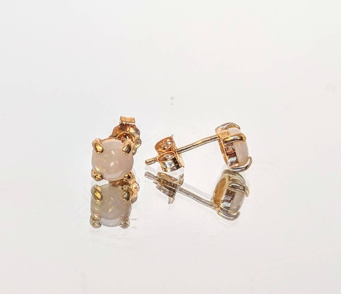 14K Solid Gold Natural Australian White Opal Stud Earrings - 4mm, 5mm, 6mm Round Birthstone Jewelry for Women - Perfect Gift for Birthday, Anniversary & Everyday Wear