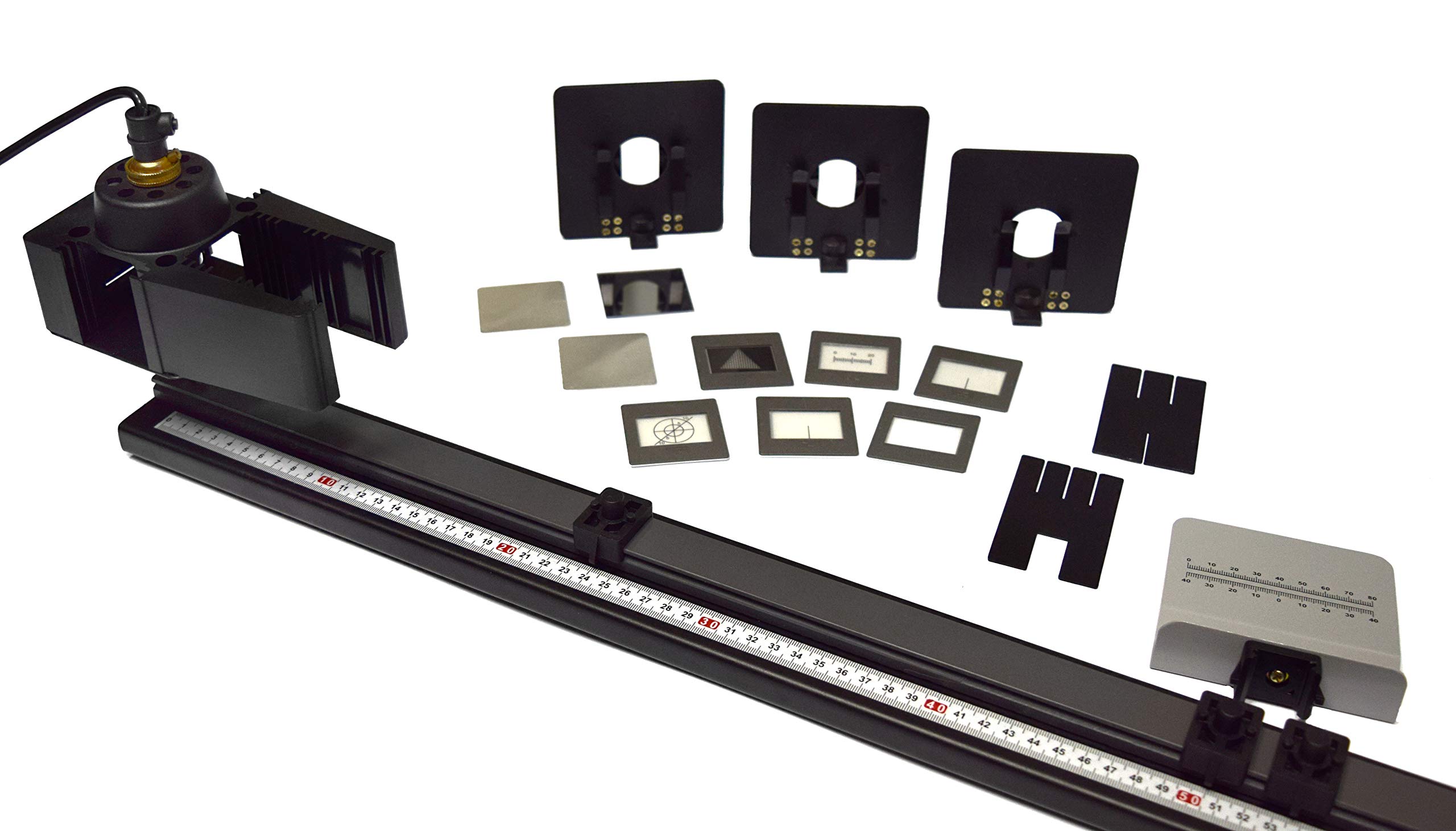 Eisco Labs Optical Bench Set for Introductory Physics & Optics Experiments - Includes Lamp Housing, Lens Holder, Slide Holder, Plate Mirror & Slit Plates - Perfect for Classroom Labs, Science Fairs & Home STEM Learning