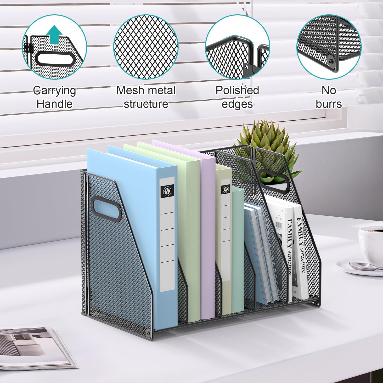 Metal Desk File Organizer with 5 Vertical Compartments - Magazine & Binder Holder for Office, Home & School - Black Desktop Organizer for Documents, Books and Office Supplies