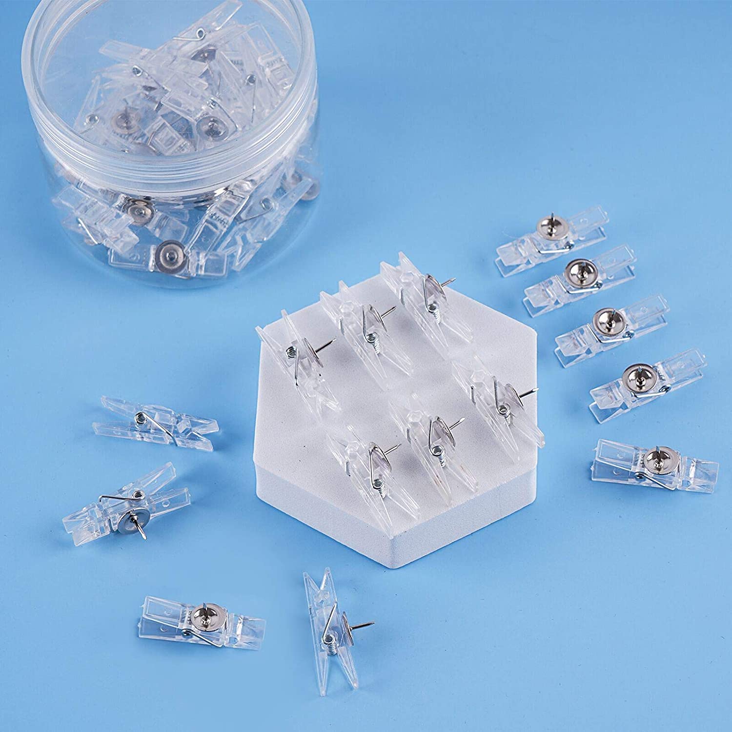 32-Piece Reusable Push Pin Clips - Clear Mini Transparent Plastic Thumbtacks for Cork Boards, Wall Art, Photos & Notes | Decorative Craft Paper Clips & Clothespins | Perfect for Office, Classroom & Home Organization