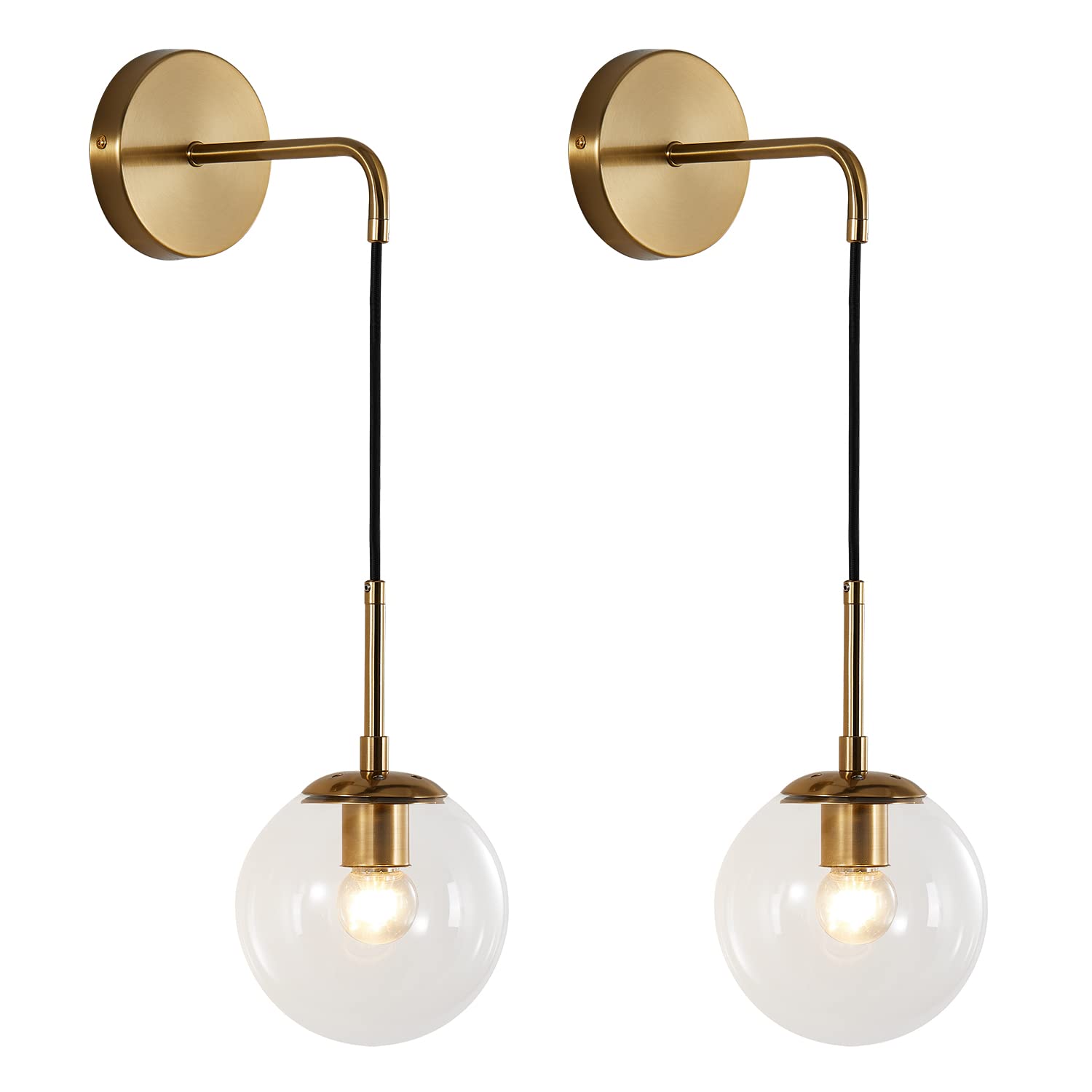 Modern Glass Globe Wall Sconce Set of 2 - Minimalist Gold Wall Light Fixture with Adjustable Cord - Brass Round Glass Wall Mounted Reading Lamp (Clear, 2 Pack) - Perfect for Bedroom, Living Room & Office Lighting Decor