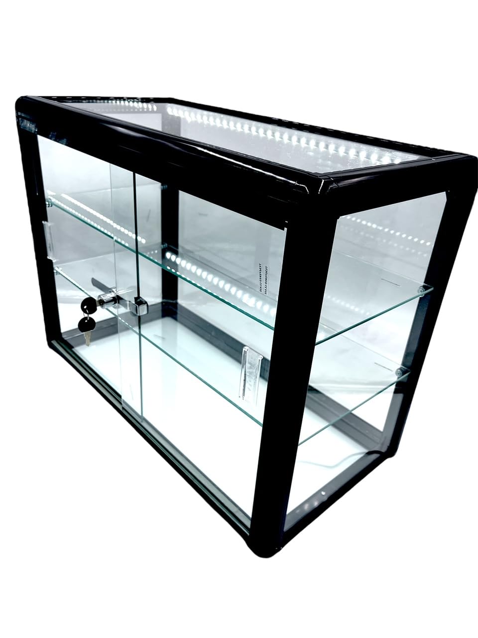 Elegant Black Aluminum Display Table Top Tempered Glass Showcase with Sliding Doors & Lock - LED Lighting Option for Jewelry Store Retail Counter or Museum Exhibition Display