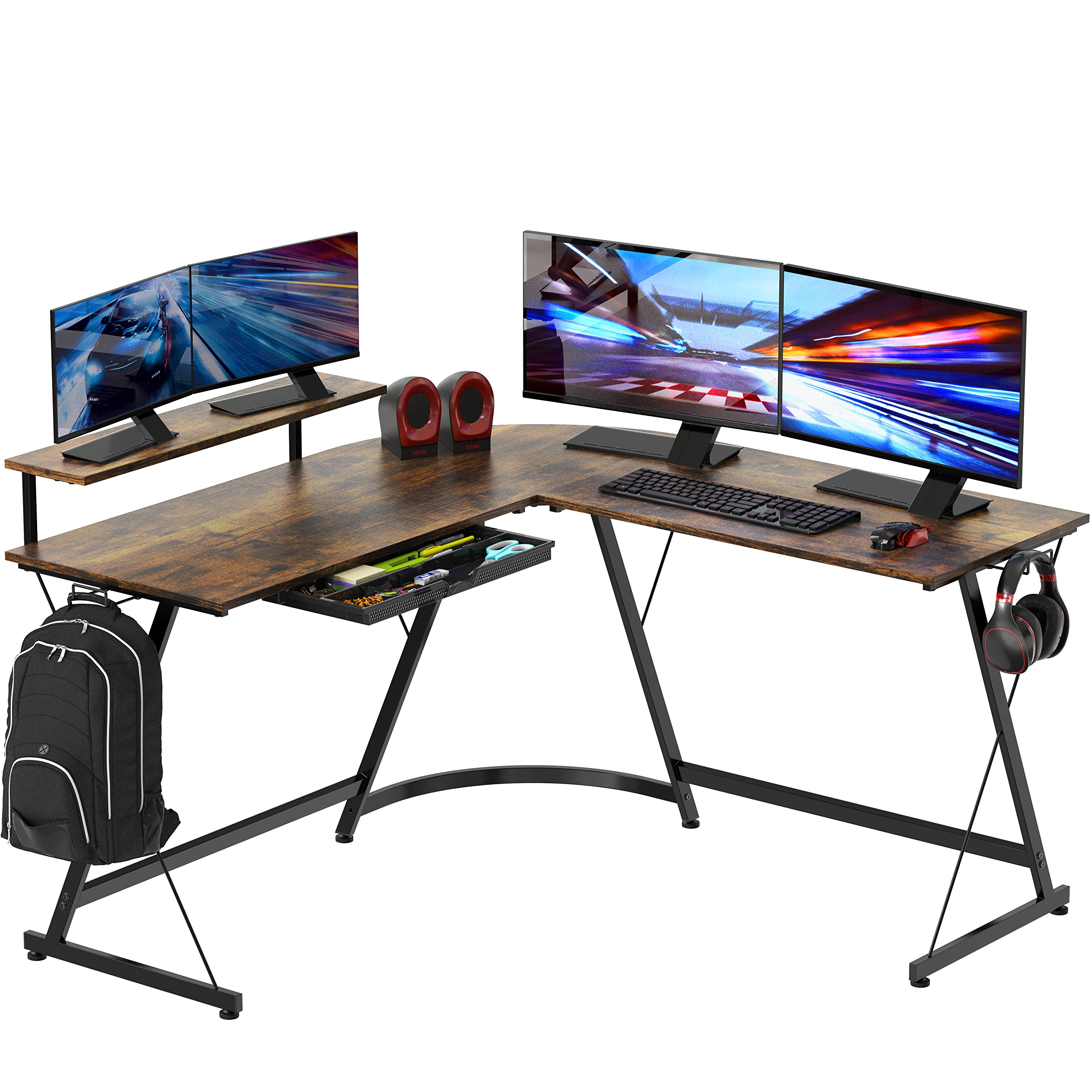 SHW Vista L-Shape Computer Desk with Monitor Stand - Rustic Brown Home Office Desk for Gaming & Workstation Setup | Perfect for Small Spaces & Corner Work Areas