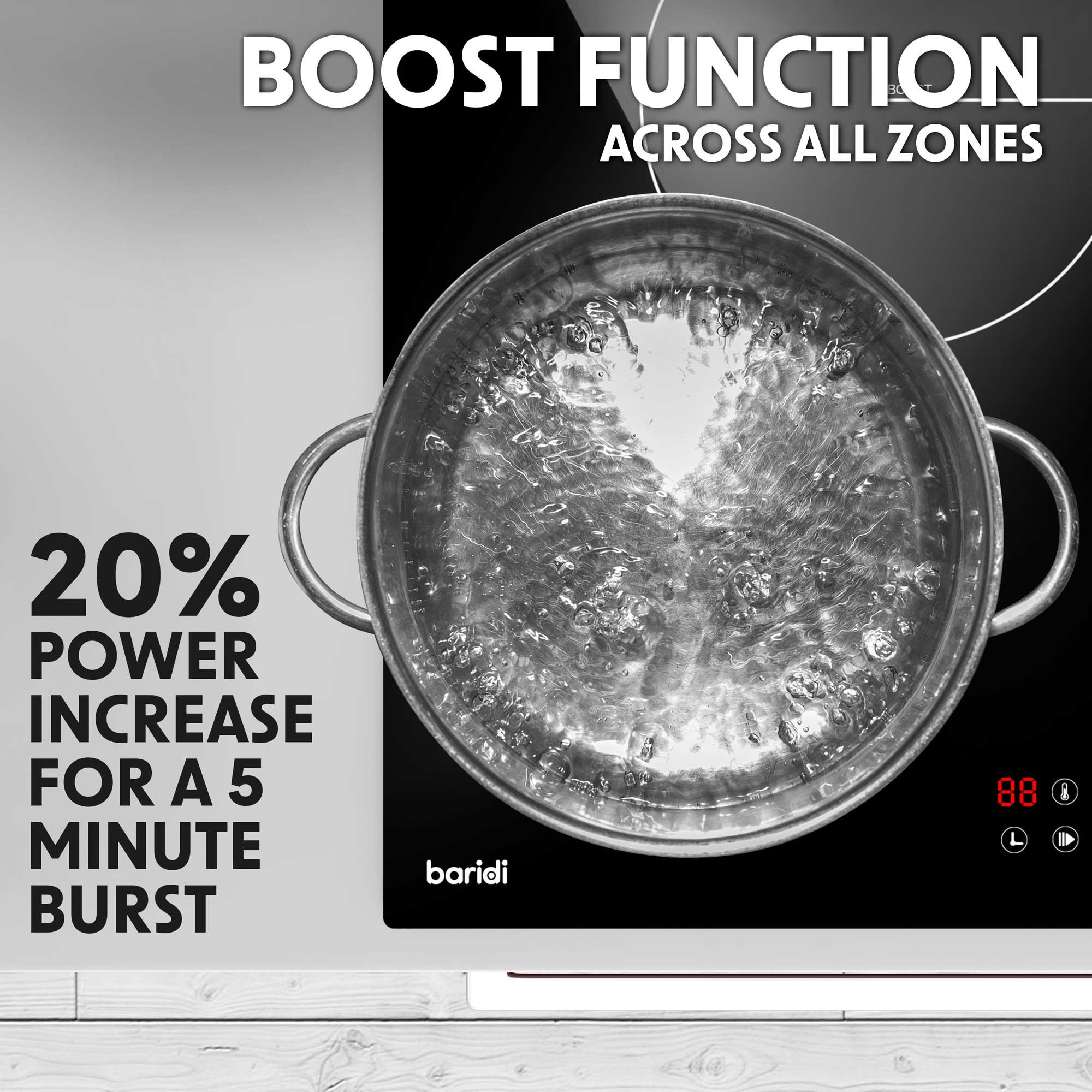 Baridi 77cm Induction Cooktop with 4 Cooking Zones, 7200W Power, Boost Function & 9 Heat Settings - Touch Control for Fast, Precise Cooking - Perfect for Home Kitchens, Restaurants & Outdoor Catering