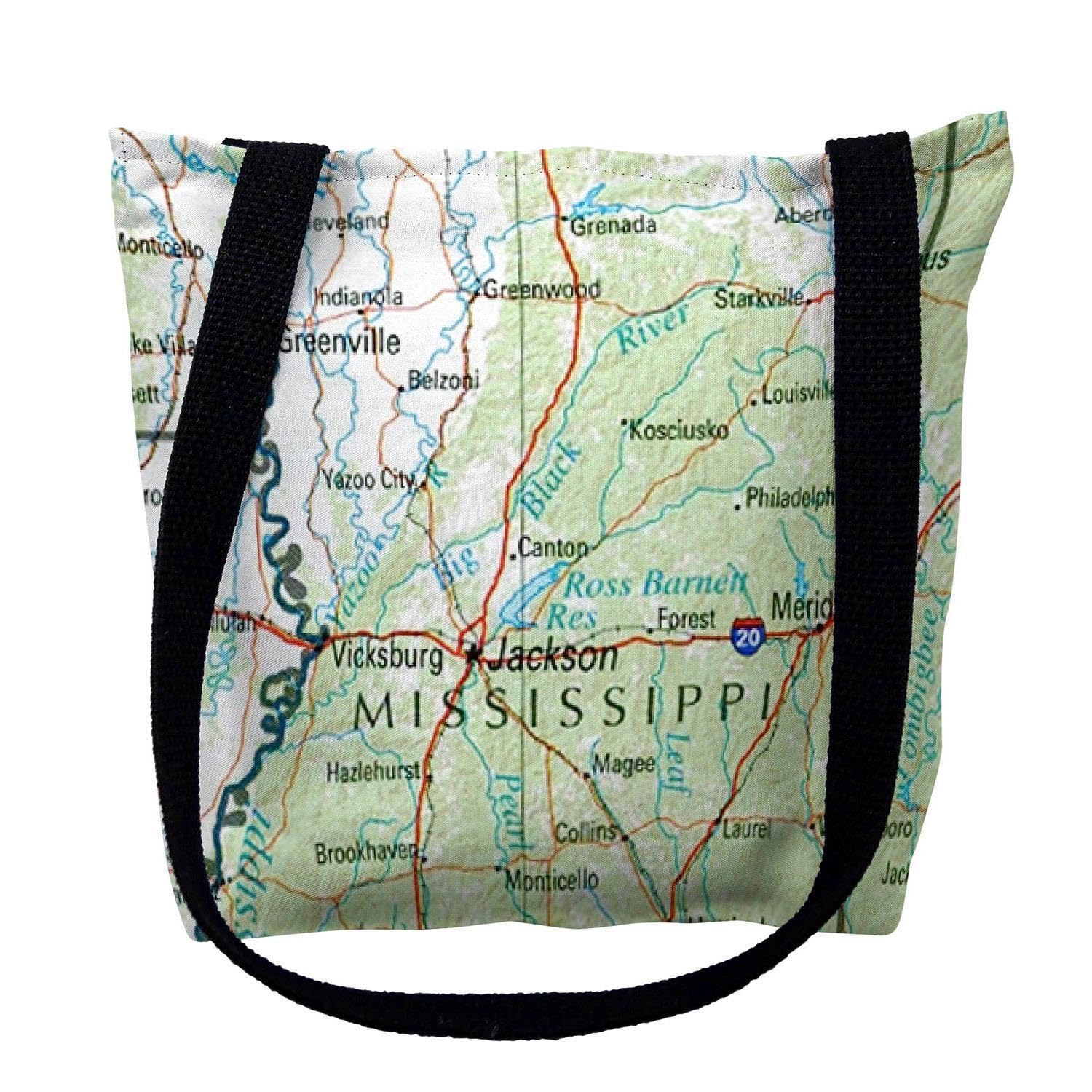 Betsy Drake Mississippi MS Nautical Map Tote Bag - 16x16 Medium Size Cotton Canvas Beach Bag for Shopping, Travel & Daily Use