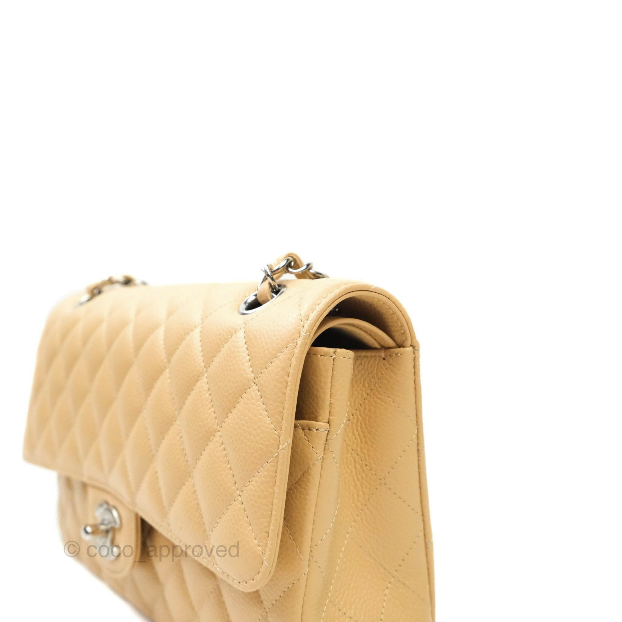Chanel Classic M/L Medium Double Flap Bag in Beige Caviar Leather with Silver Hardware - Luxury Handbag for Women, Perfect for Work, Parties & Everyday Use