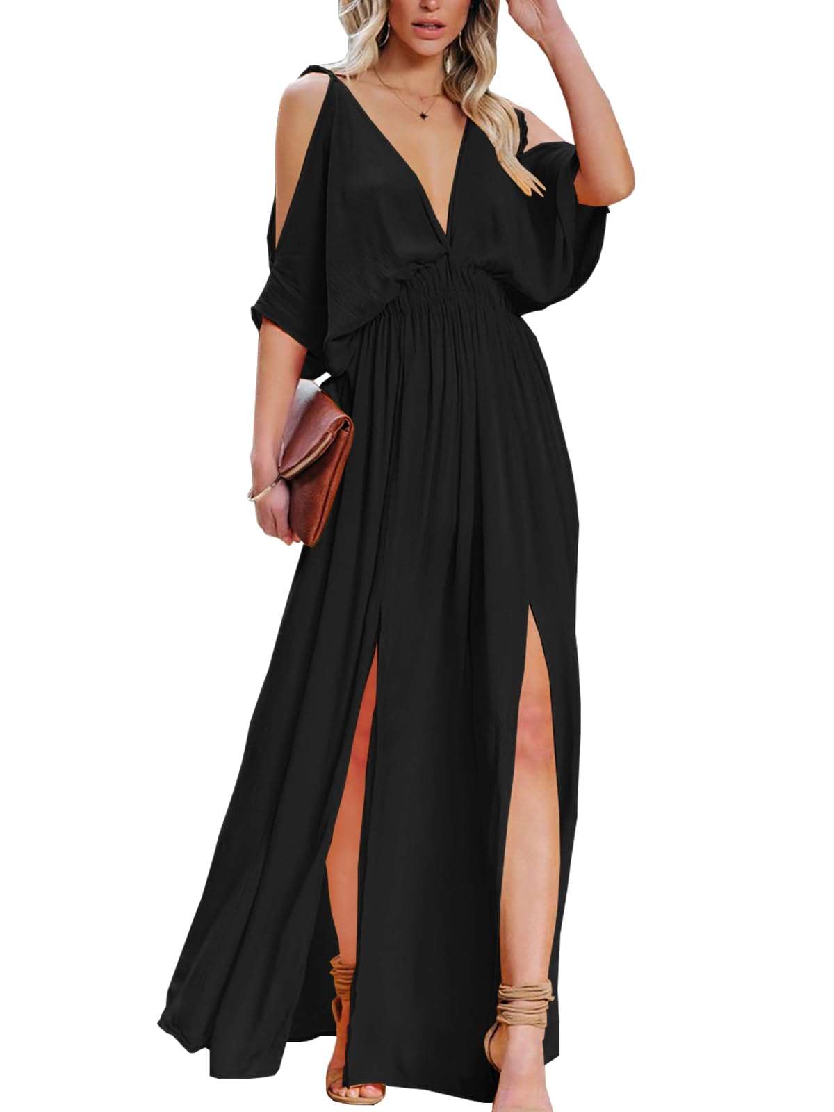 DEEP SELF Women's Summer V-Neck Cold Shoulder Short Sleeve Maxi Dress - High Waist Split Long Dress for Wedding Guest, Beach Party & Date Night