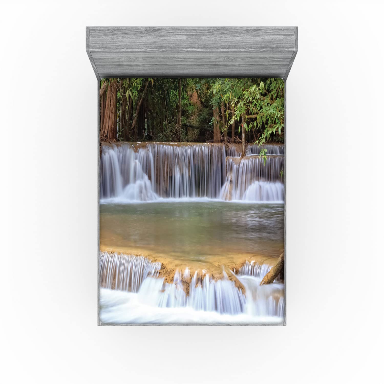 Ambesonne Rainforest Fitted Sheet - Queen Size Deep Pocket Bedding with All-Around Elastic, Green Brown Grey Exotic Waterfall Design | Perfect for Jungle-Themed Bedrooms, Vacation Homes & Nature Lover's Decor