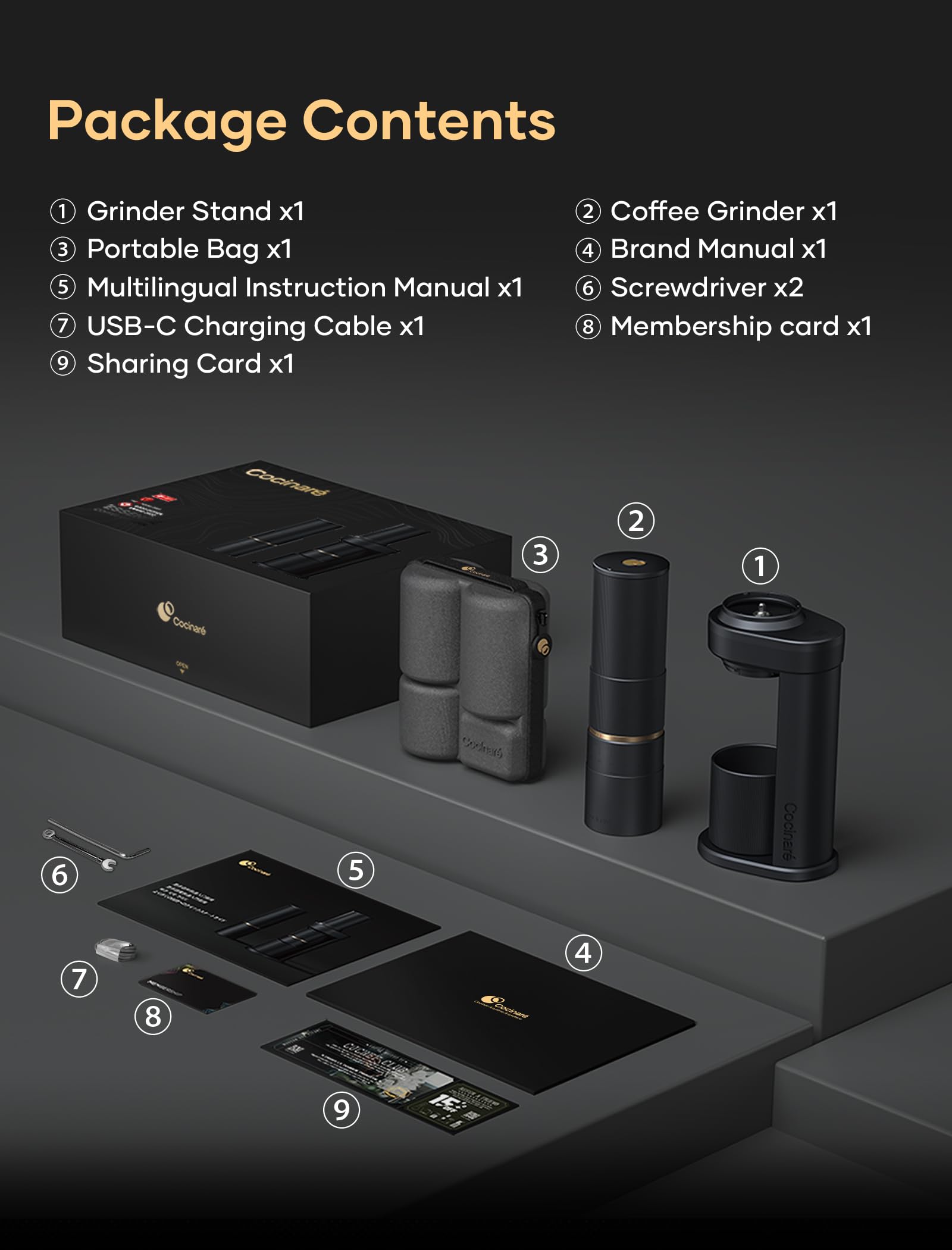 Premium Cocinare Electric Coffee Grinder - Wireless 2-in-1 Portable Burr Grinder with Removable Countertop Kit for Espresso, Drip & Cold Brew Coffee | Perfect for Home, Office & Travel Use - Black