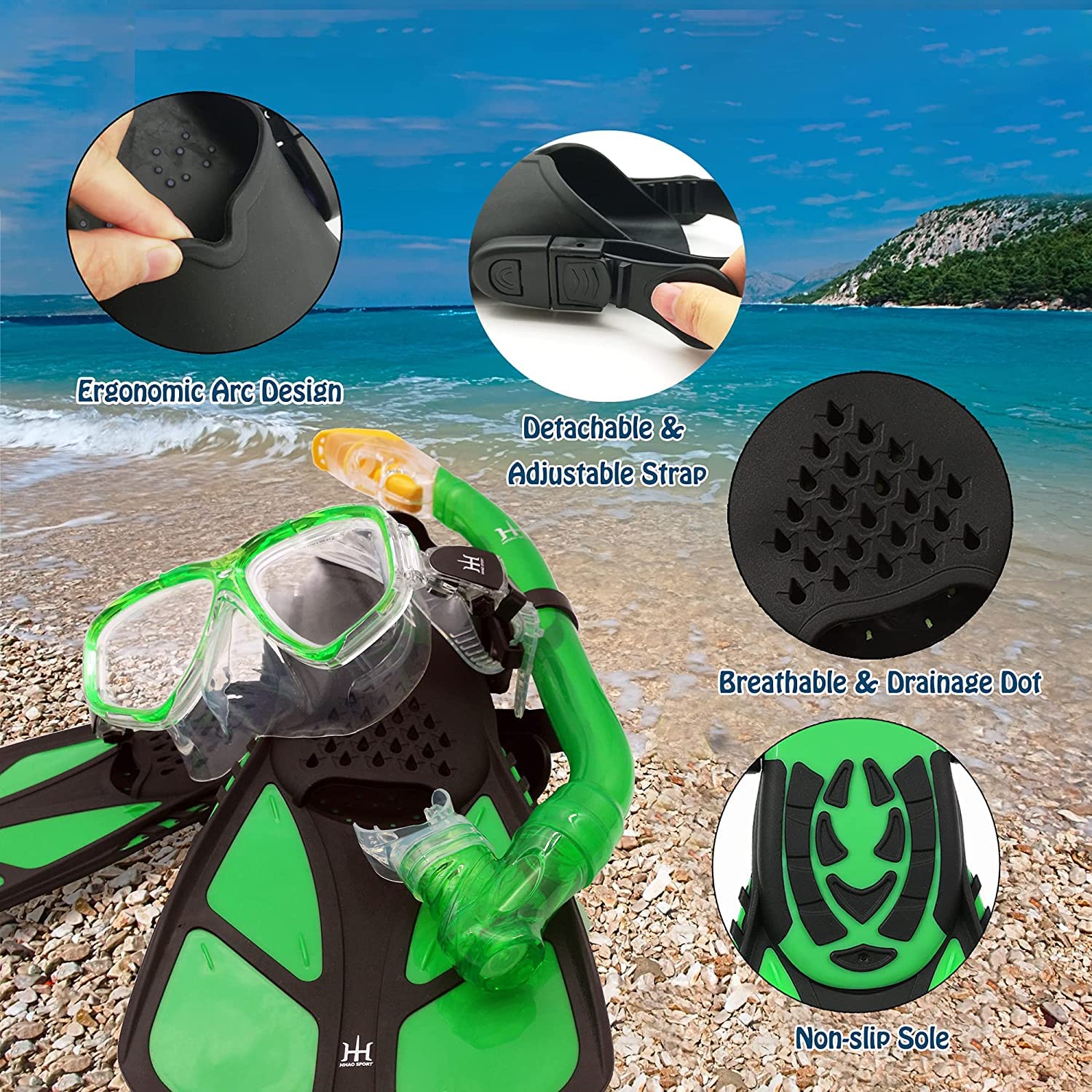 **Kids Snorkel Set - Adjustable Diving Mask, Snorkel & Swim Fins with Anti-Fog & Anti-Leak Design, Includes Mesh Bag - Perfect for Snorkeling, Swimming & Beach Adventures**