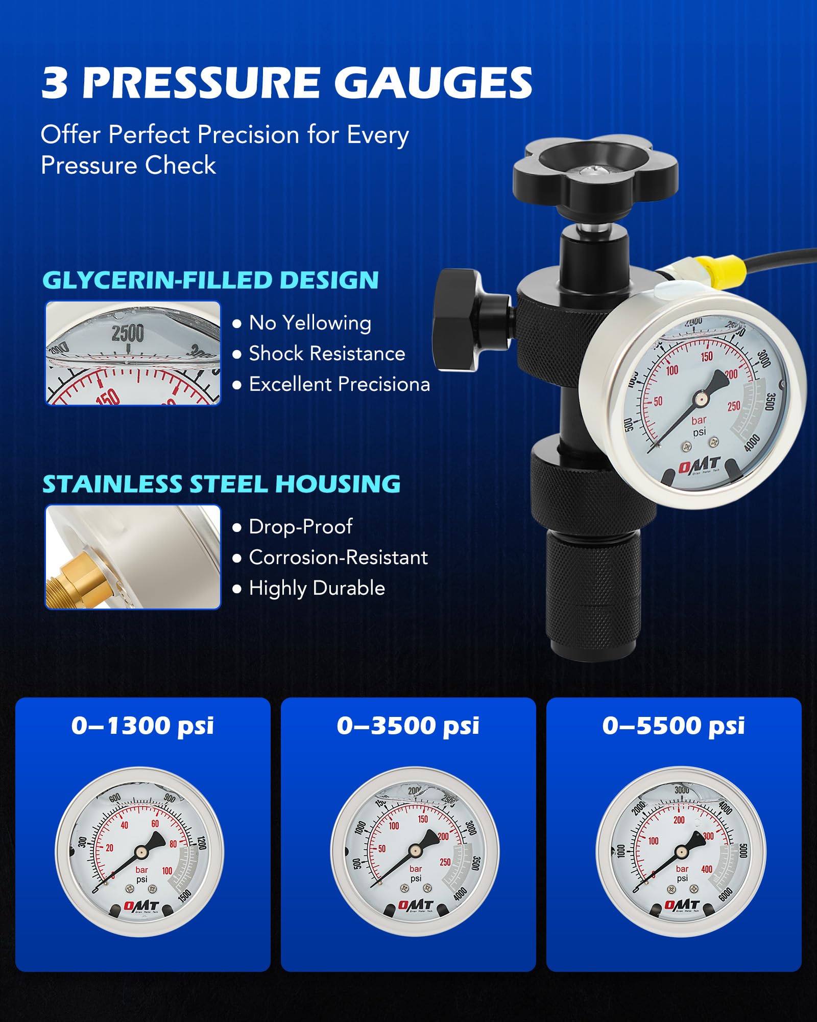 Orion Motor Tech Hydraulic Nitrogen Accumulator Charging Kit - 1300/3500/5500 PSI with 3 Gauges, 6 Adapters, Gas Hose & Valve Body - Professional Hydraulic Pressure Test Kit for Industrial & Automotive Applications - Perfect for Hydraulic System Maintenance & Nitrogen Charging