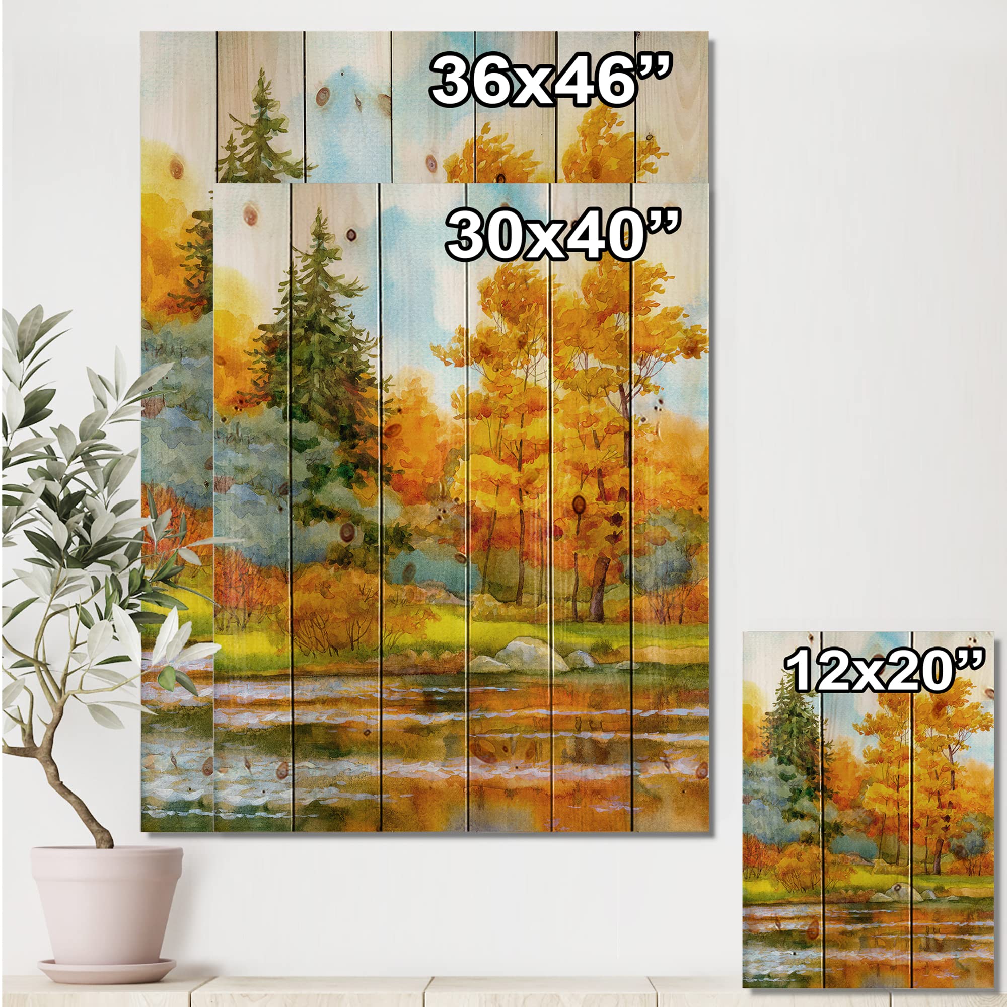 Autumn Forest Lakeside Wood Wall Art - Large Landscape Pine Wood Panel Decor for Lake House, Rustic Cabin & Living Room - Handcrafted Orange Wood Wall Hanging for Home & Office Interior Design