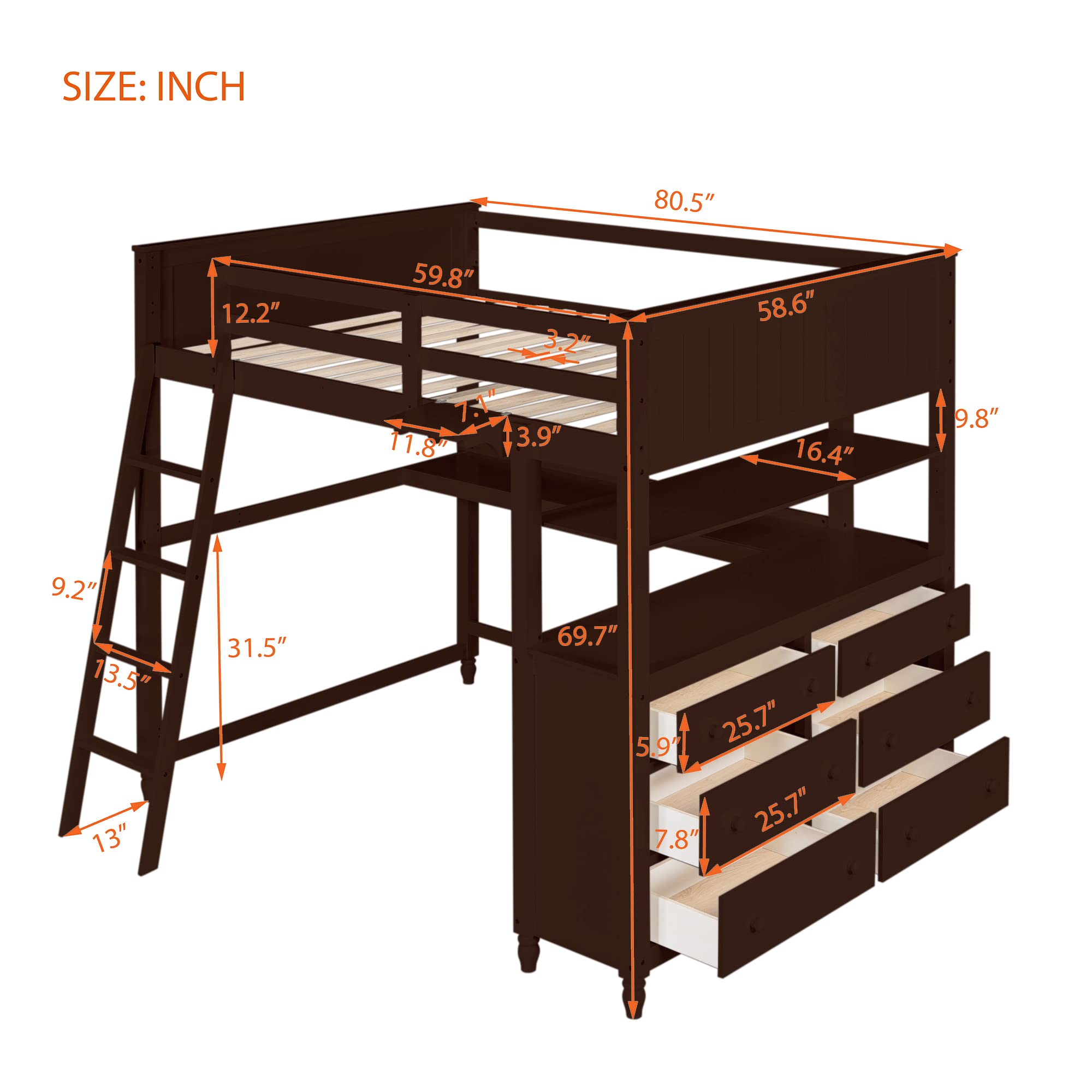 Full Size Loft Bed Frame with 6 Storage Drawers, Shelves & Study Desk - Sturdy Wooden Bunk Bed with Safety Ladder - Space-Saving Kids Bedroom Furniture in Espresso Finish - Perfect for Small Rooms, Dormitories & Teen Bedrooms