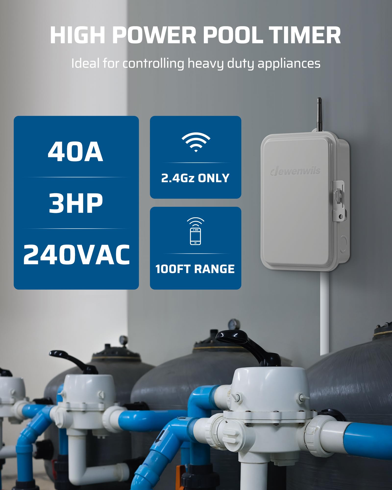DEWENWILS Smart WiFi Pool Pump Timer - 40A 240VAC 3HP Heavy Duty Outdoor Wireless Controller for Pools & Water Heaters | Alexa & Google Assistant Compatible | ETL Certified | Perfect for Automated Pool Maintenance & Energy Savings