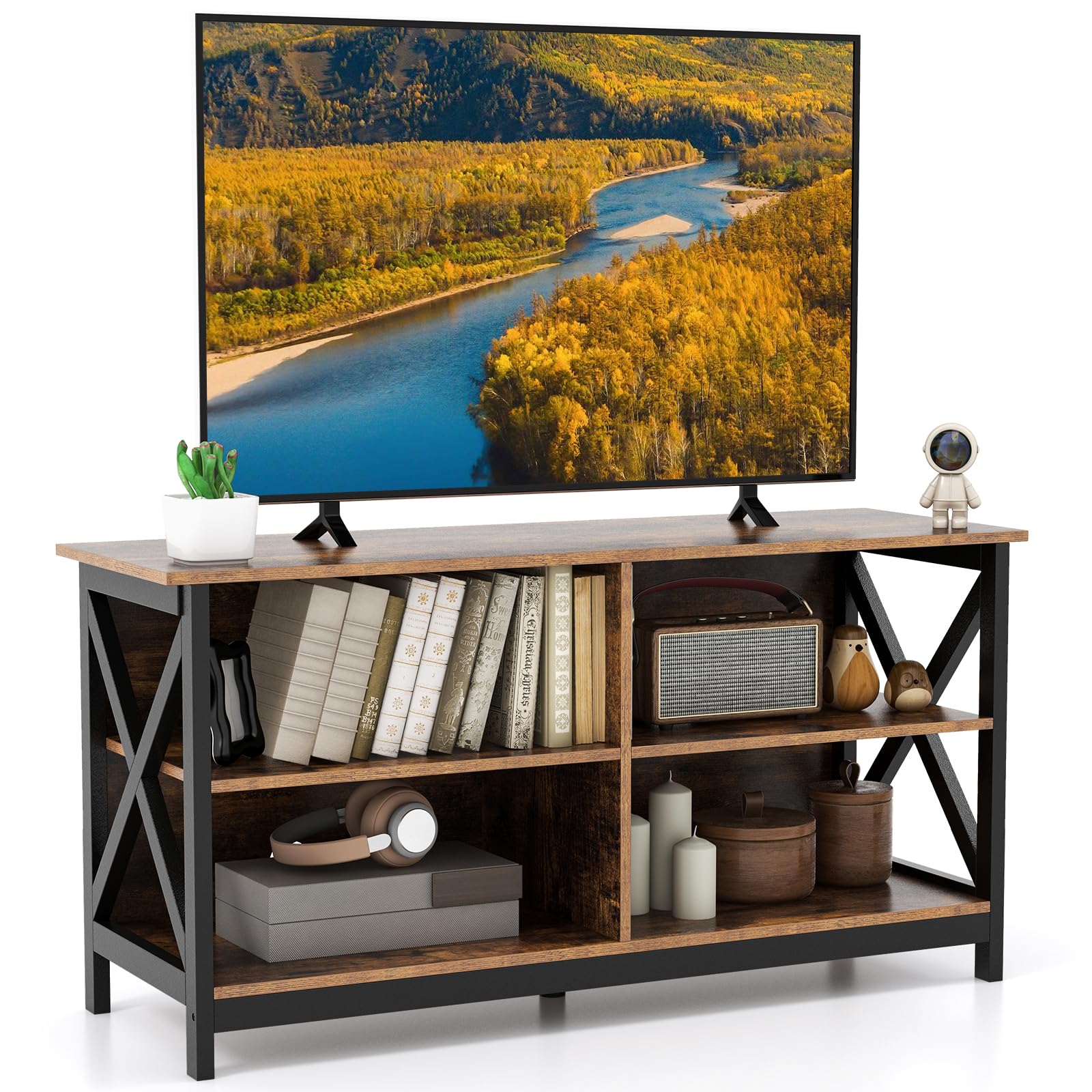 Tangkula 55 Inch TV Stand with 4 Open Shelves - Rustic Brown Farmhouse Entertainment Center for Living Room, Bedroom & Home Theater - X-Shaped Frame & Built-in Cable Management for TVs up to 55