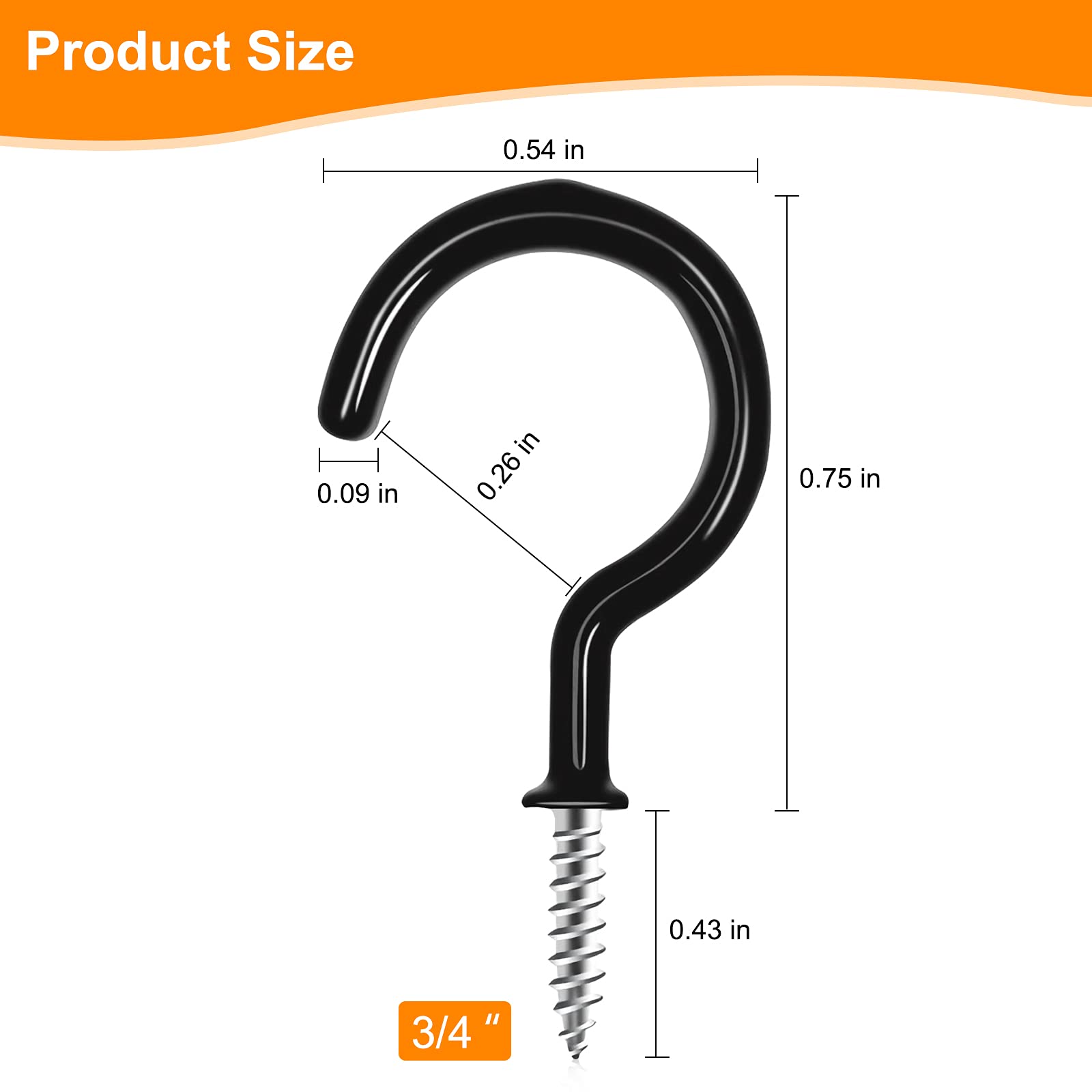 3/4 Inch Black Vinyl Coated Screw Hooks - 160 Pack Heavy Duty Ceiling Hooks for Plants, Wind Chimes & Kitchen Cups | Indoor & Outdoor Hanging Solution for Home, Garden & Patio Organization