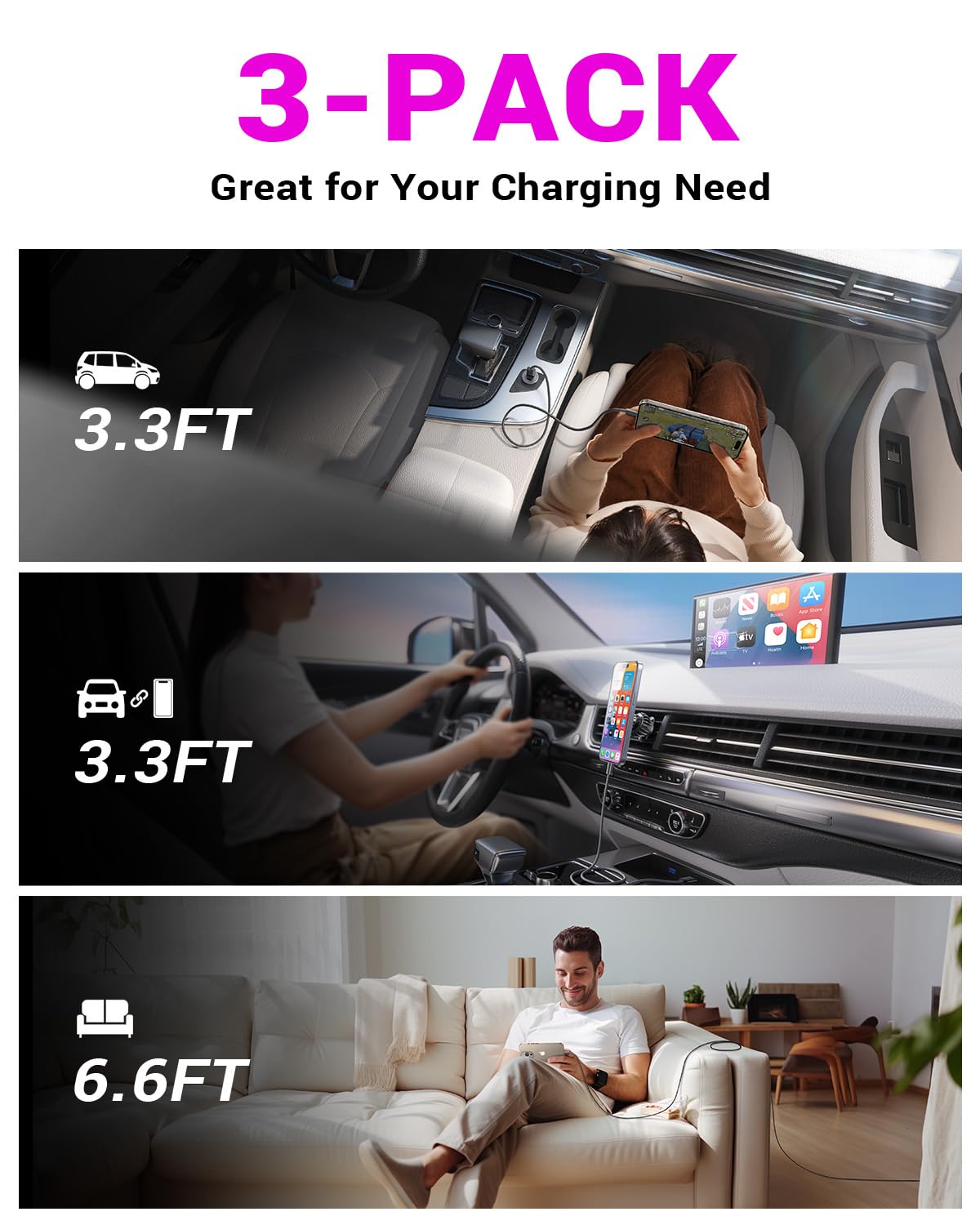 LISEN 3-Pack 6.6FT USB C to USB A Fast Charging Cable (3.2A) - Compatible with iPhone 16/15/14 Pro Max, Samsung Galaxy S23/S21/S20/S10 - Perfect for Home, Office & Travel Charging