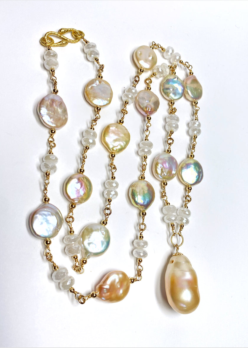 Elegant Baroque Pearl & Mystic Moonstone Rosary Necklace in Gold Fill - Perfect for Boho Chic, Vintage & Gothic Fashion