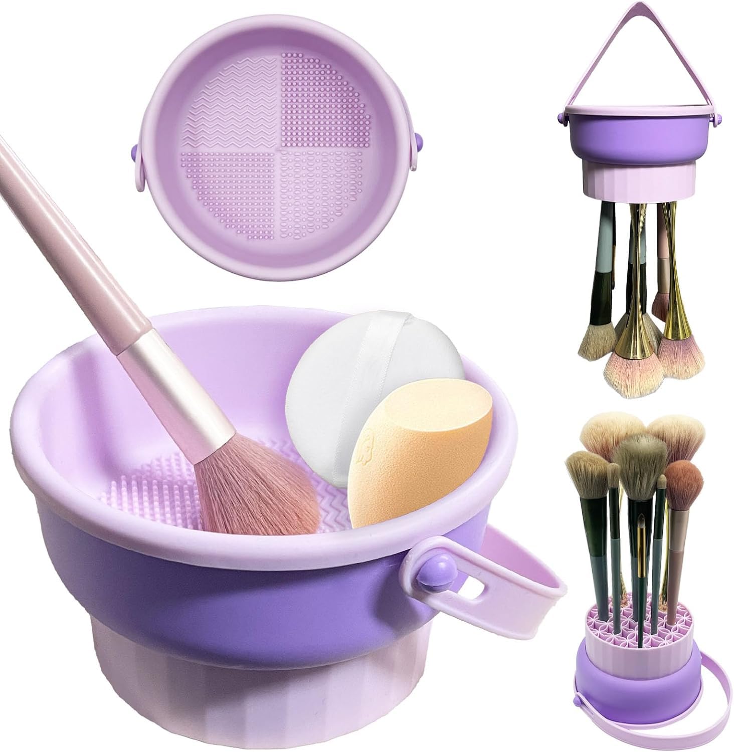 Foldable 3-in-1 Makeup Brush Cleaning Bowl with Handle - Portable Travel Beauty Brush Scrubber, Reusable Cleaner Mat & Dryer Tray | Perfect for Home, Salon & Travel Makeup Brush Care