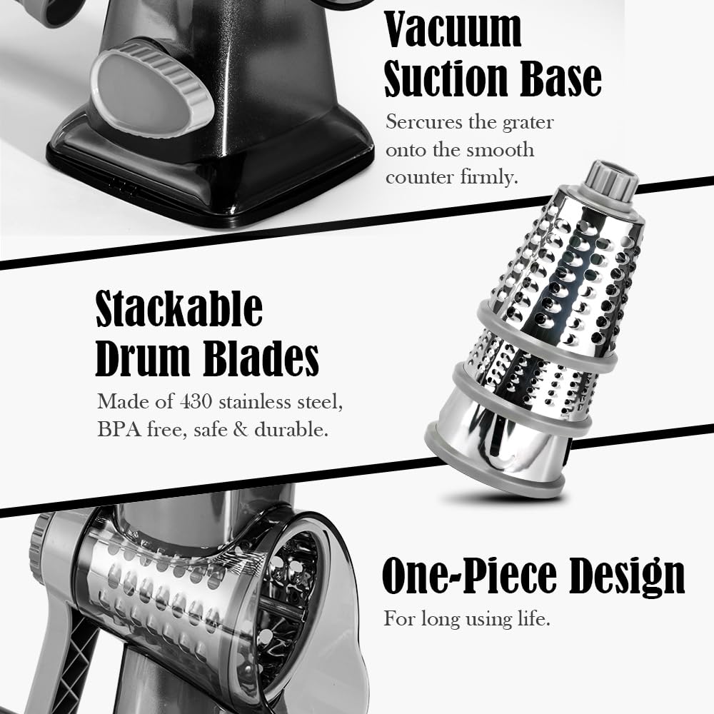 Stainless Steel Rotary Cheese Grater with 3 Blades - Hand Crank Kitchen Tool for Shredding Cheese, Carrots, Cucumbers, Nuts & Chocolate (Dark Grey) - Perfect for Pizza Toppings, Salad Prep & Baking Needs