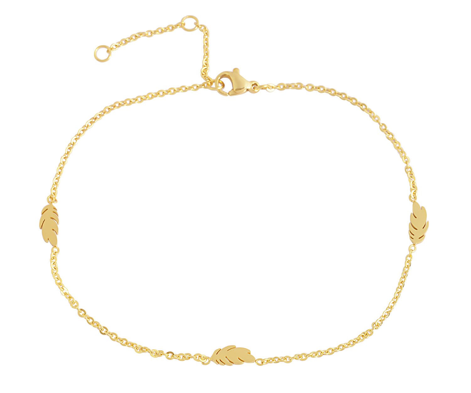 Edforce Stainless Steel Women's 3 Feather Charm Anklet Bracelet - Adjustable 8.5