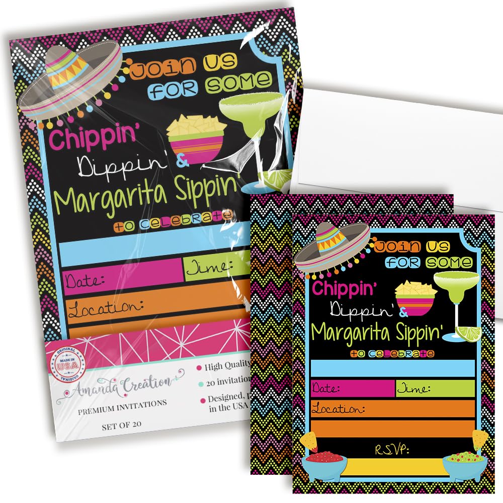 AmandaCreation 20-Pack 5x7 Birthday Party Invitations with White Envelopes - Chips Dips & Margarita Themed Fill-in Cards for Adult Celebrations, Girls Night Out, and Cocktail Parties