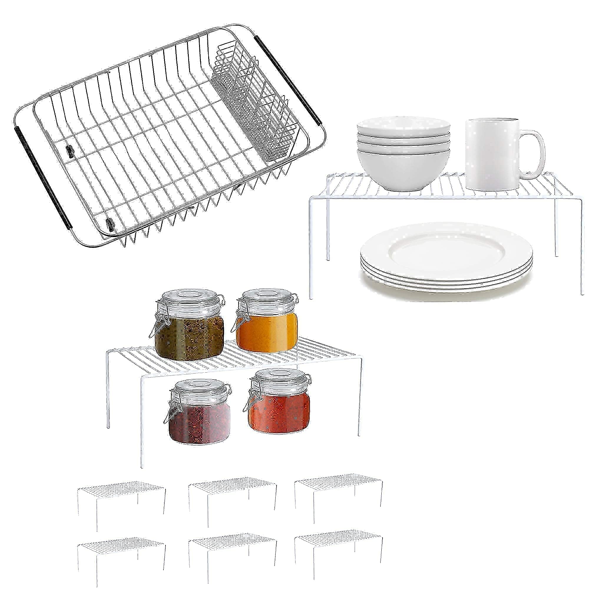 Stainless Steel Expandable Dish Drying Rack with Utensil Holder - Heavy Duty Kitchen Cabinet Storage Shelf for Dishes, Cups & Cutlery | Rustproof & Durable Design for Countertop, Sink or Cabinet Organization - Perfect for Small Kitchens, Apartments & RVs