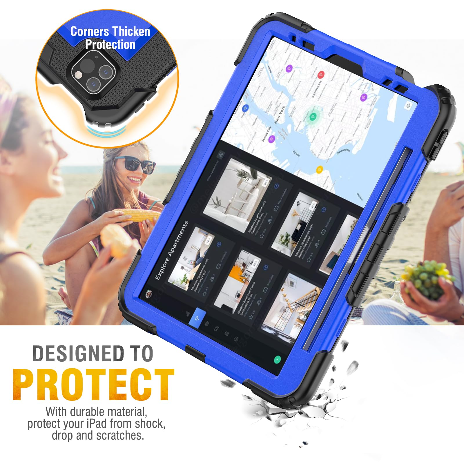 Shockproof iPad Air 5th/4th Generation 10.9 Inch Case with Pencil Holder, Built-in Screen Protector & Hand Strap - Compatible with iPad Air 5/4 Models A2316 A2324 A2588 A2589 A2591 A2072 A2325 - Blue Protective Cover for Work, School & Travel