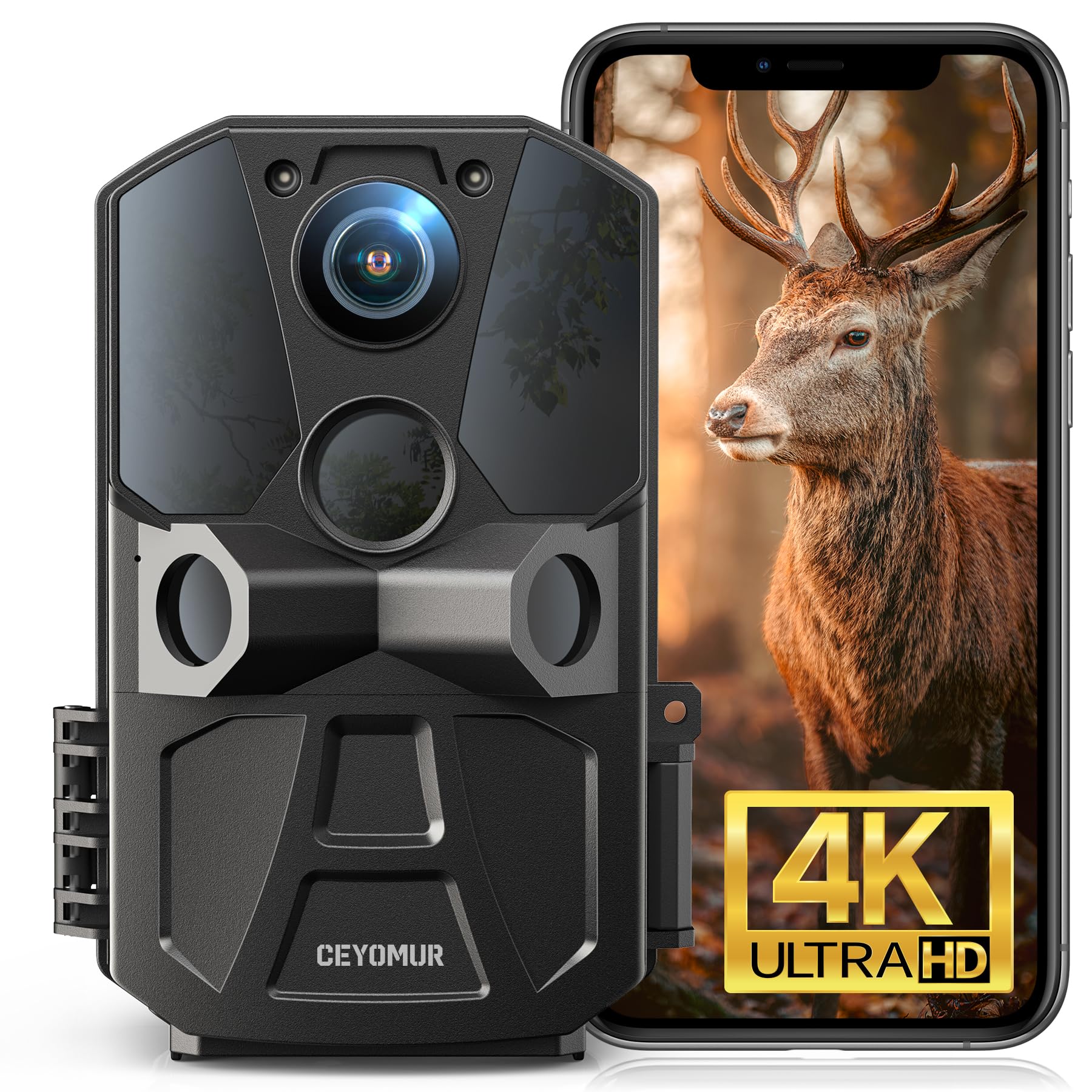 CEYOMUR 4K 40MP WiFi Bluetooth Trail Camera with 120° Motion Sensor, 0.2s Trigger Time & Night Vision - IP66 Waterproof Game Camera for Wildlife Monitoring, Hunting, and Outdoor Security Surveillance